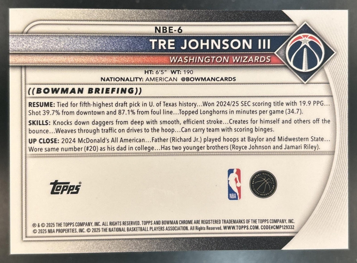 2025-26 Bowman Tre Johnson III Chrome Etched In Glass Variation SP RC Wizards