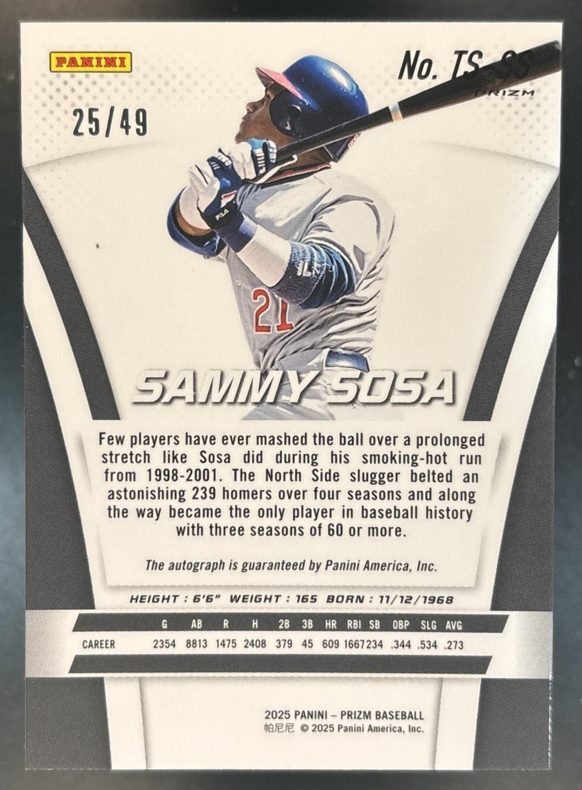 2025 Panini Prizm Sammy Sosa Throwback Signatures Prizms Blue /49 #TS-SS Auto