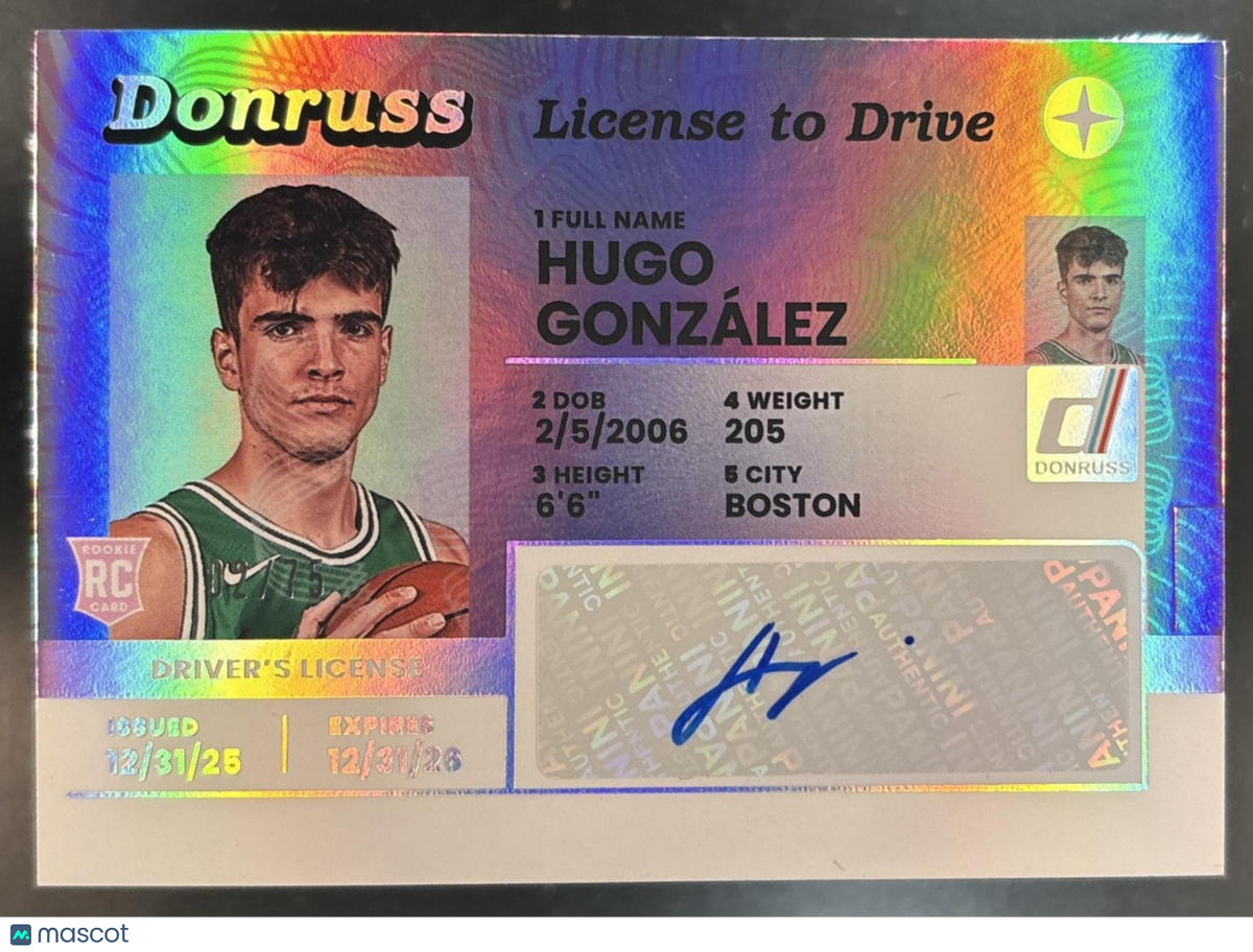 2025-26 Panini Donruss Hugo Gonzalez License to Drive /75 RC Auto Boston Celtics