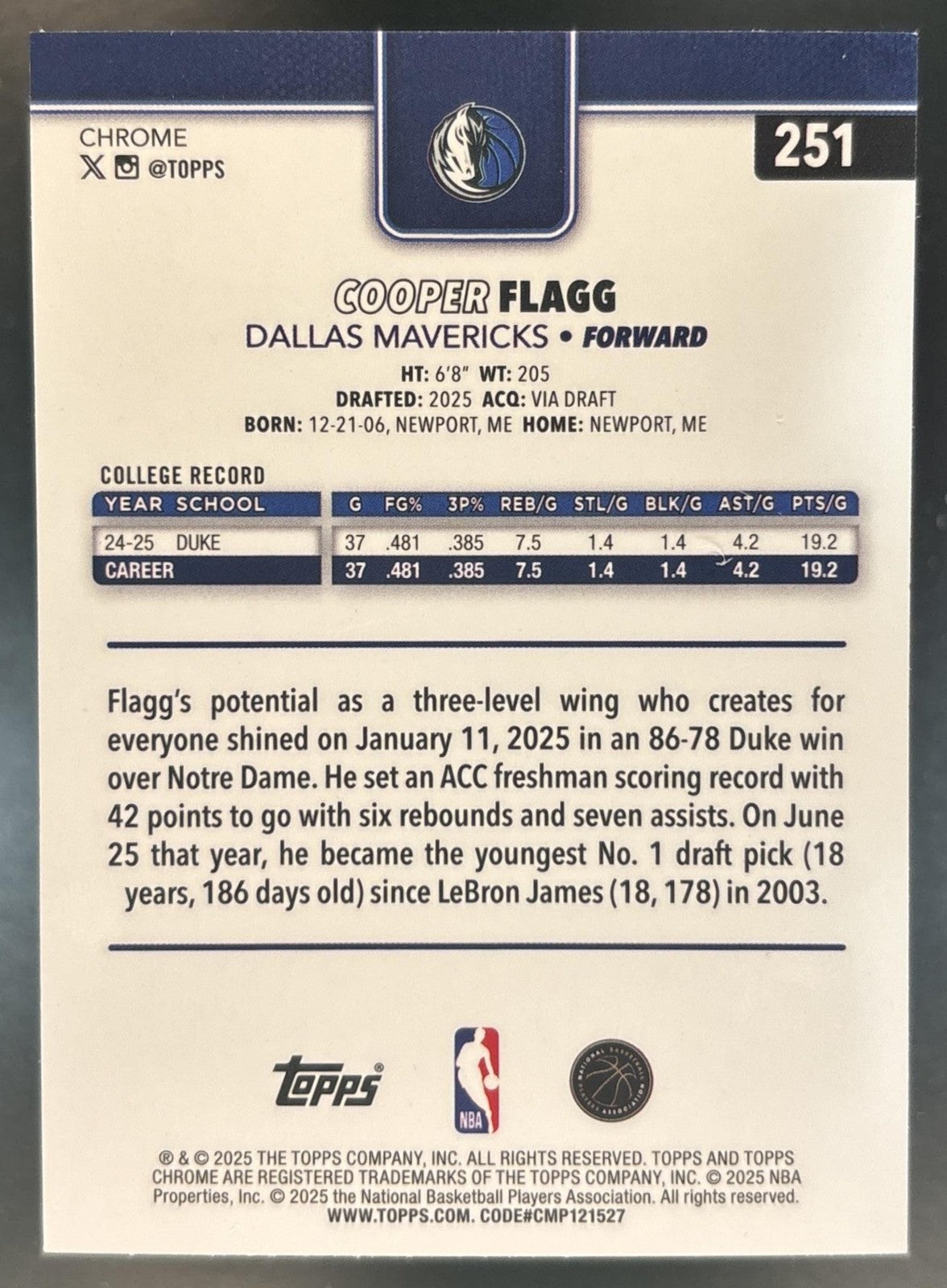 2025-26 Topps Chrome Cooper Flagg Image Variation #251 RC SSP Dallas Mavericks