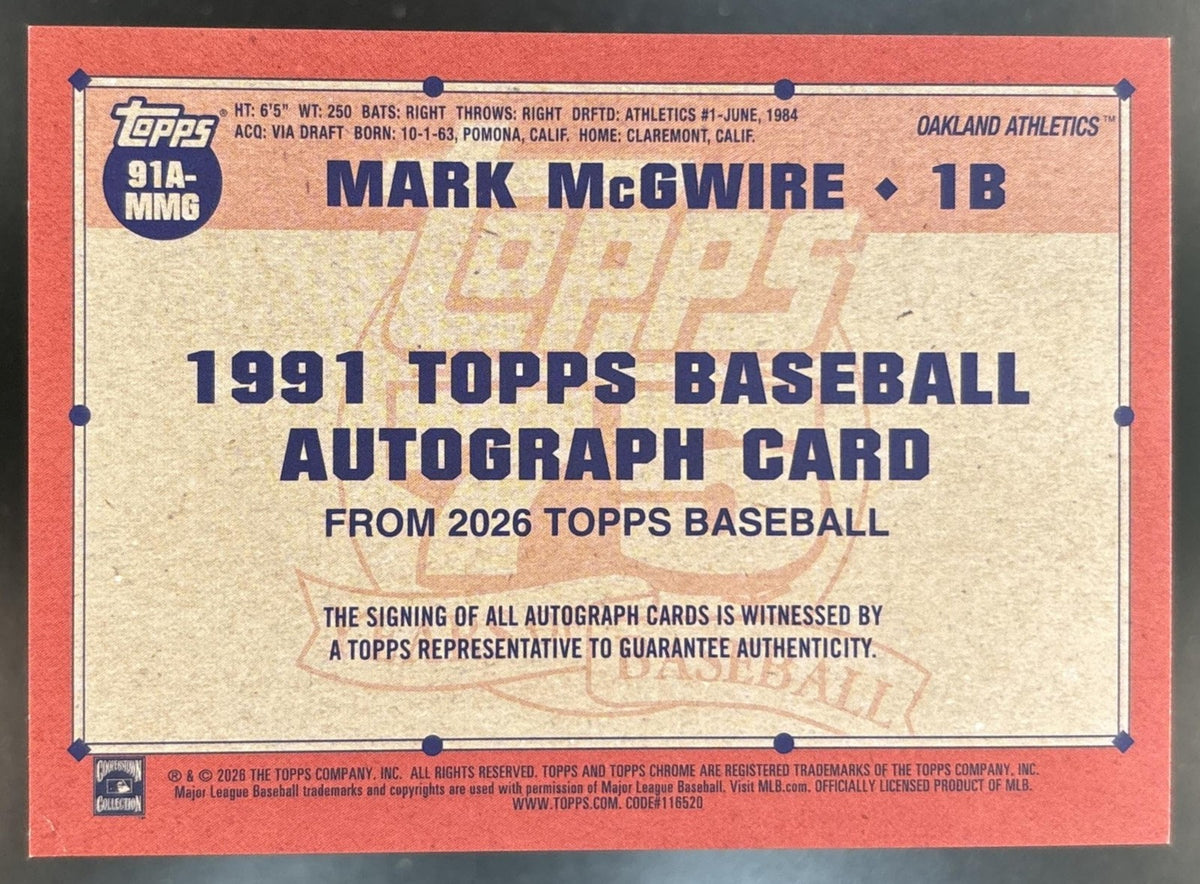 2026 Topps Series 1 Mark McGwire 1991 Auto #91A-MMG Oakland Athletics