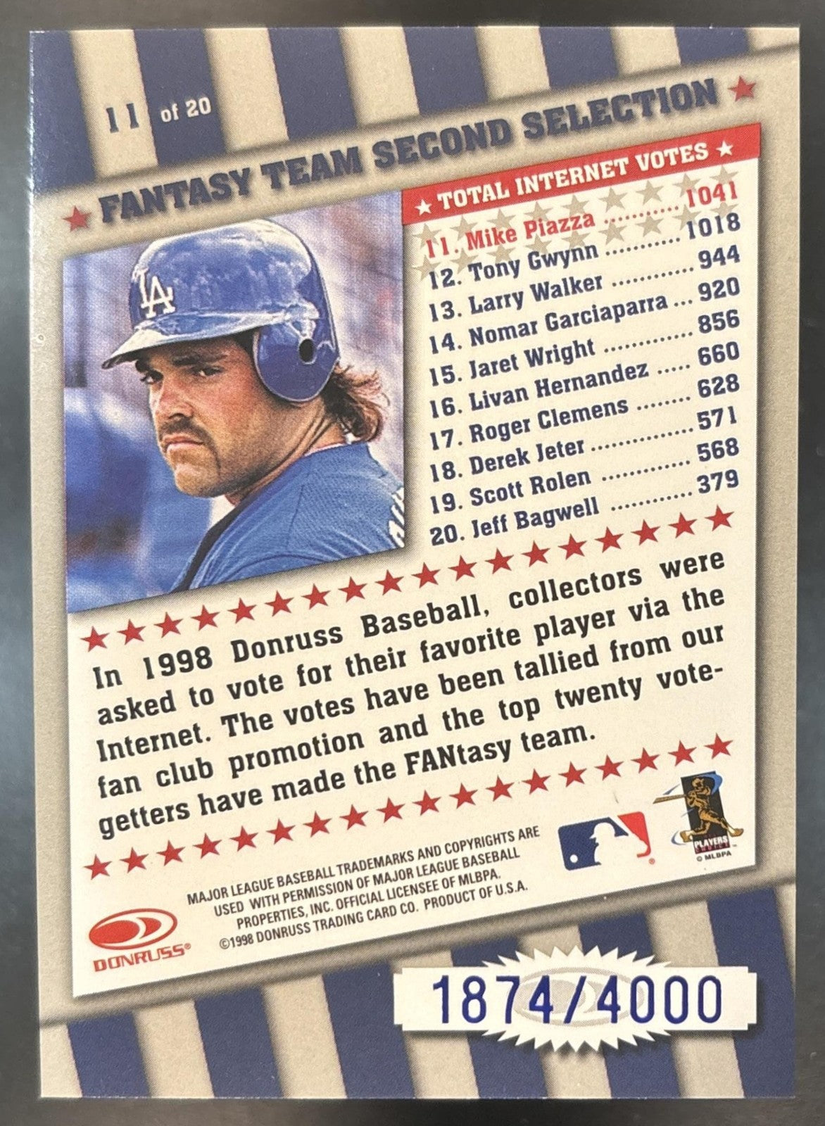 1998 Donruss Mike Piazza FANtasy Team /4000 #11 Los Angeles Dodgers