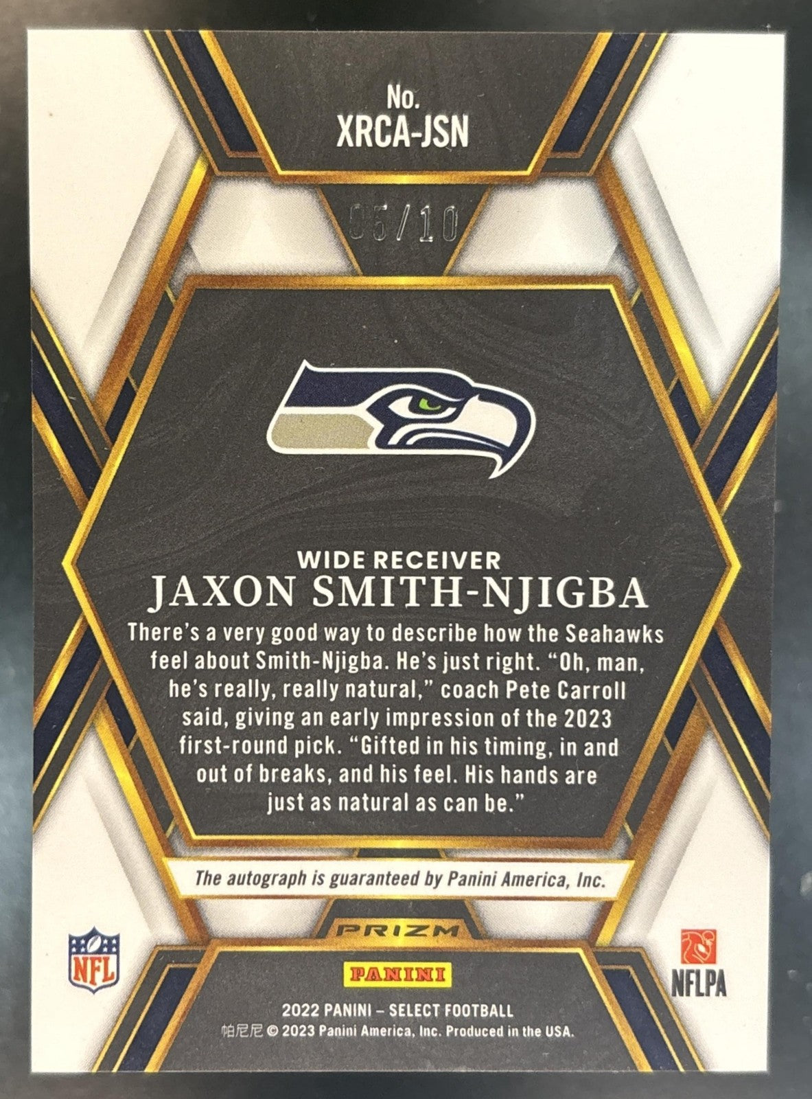 2022 Panini Select Jaxon Smith-Njigba 2023 XRC Auto Prizm Gold /10 Seahawks