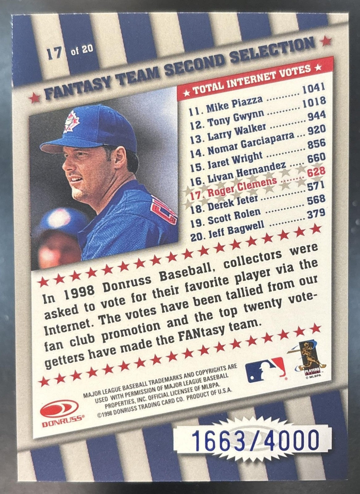 1998 Donruss Roger Clemens FANtasy Team /4000 #17 Toronto Blue Jays