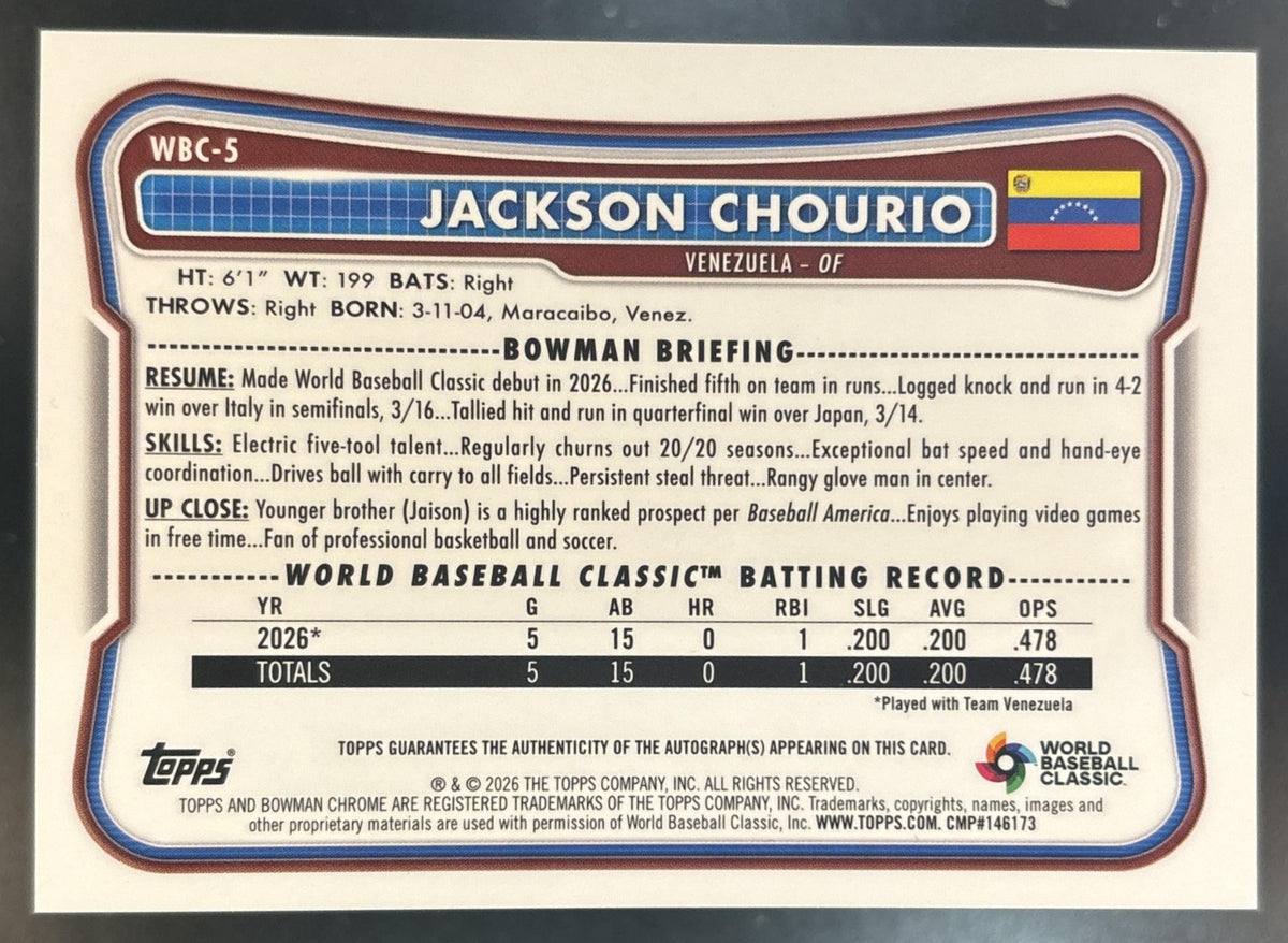 2026 Bowman Chrome Jackson Chourio WBC Flag Variation Auto /26 #WBC-5 SSP