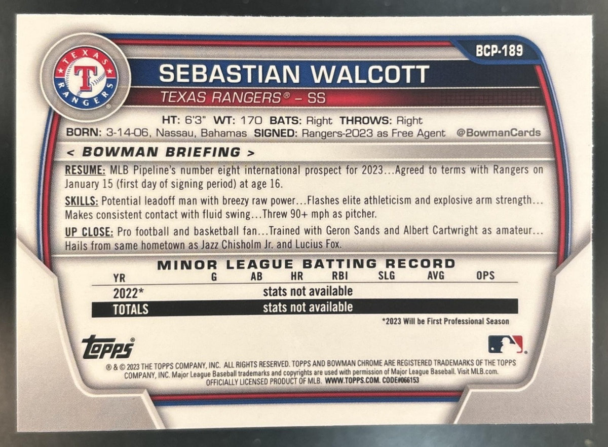 2023 Bowman Chrome Sapphire Sebastian Walcott #BCP-189 1st Prospect Rangers