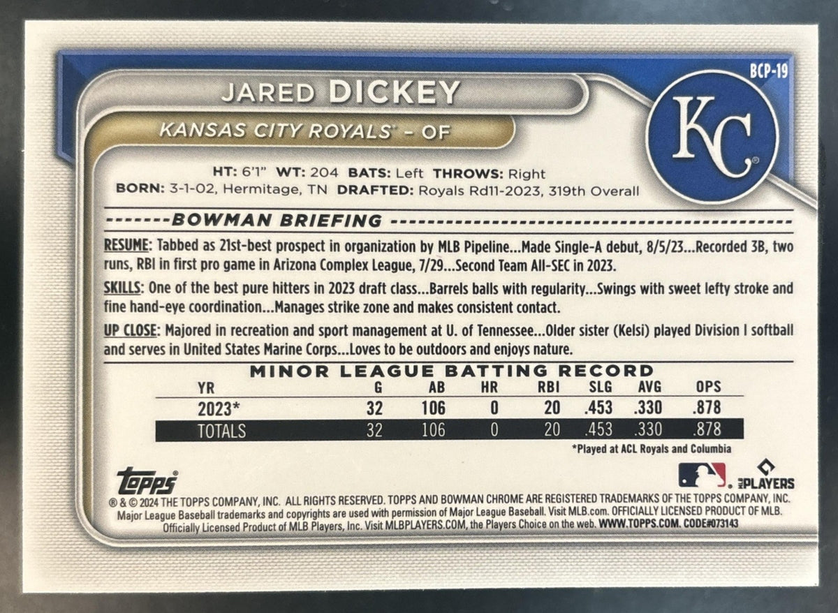 2024 Bowman Jared Dickey Chrome Orange Shimmer /25 #BCP-19 1st Prospect Royals