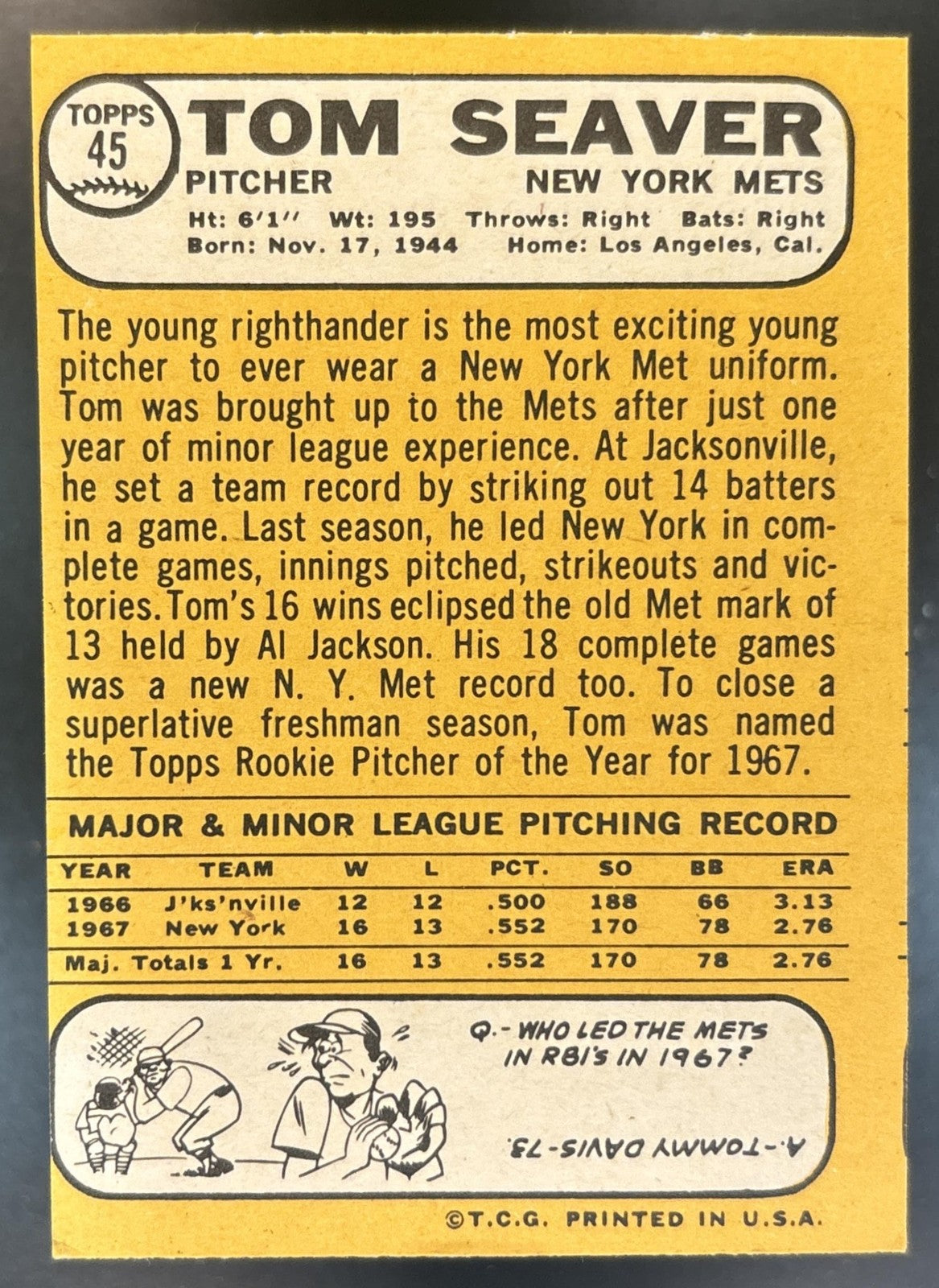 1968 Topps Tom Seaver #45 RC New York Mets