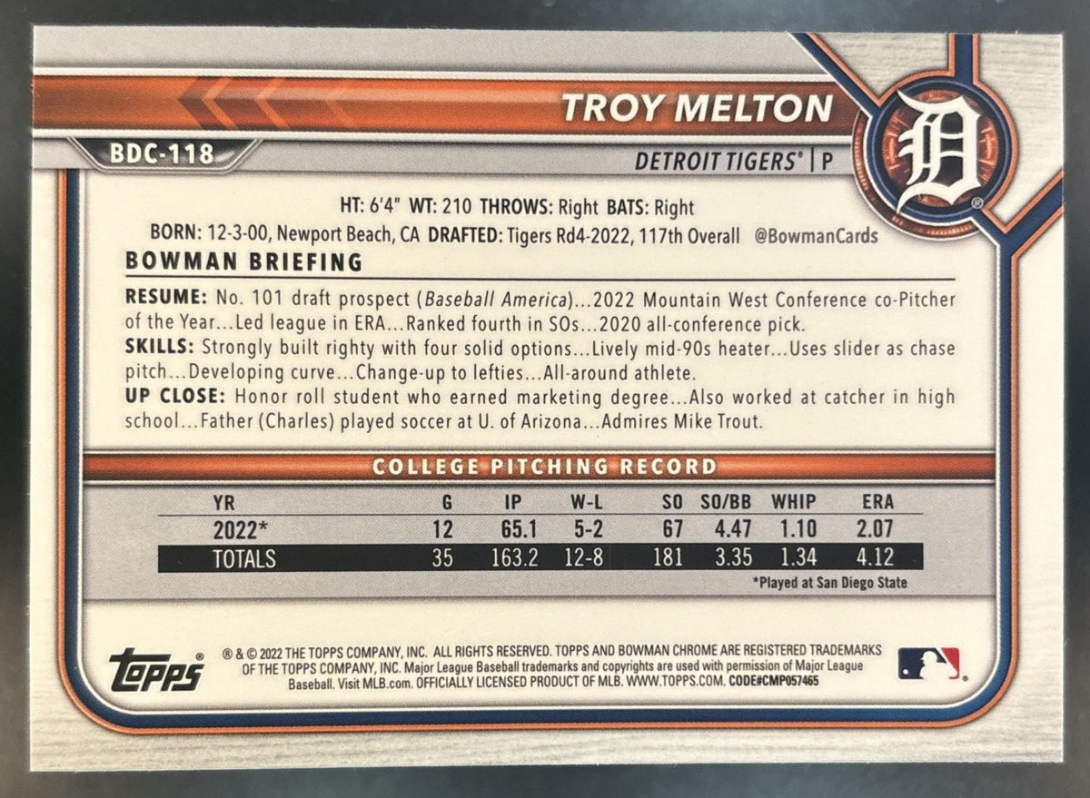 2022 Bowman Draft Sapphire Troy Melton Chrome #BDC-118 1st Prospect Tigers