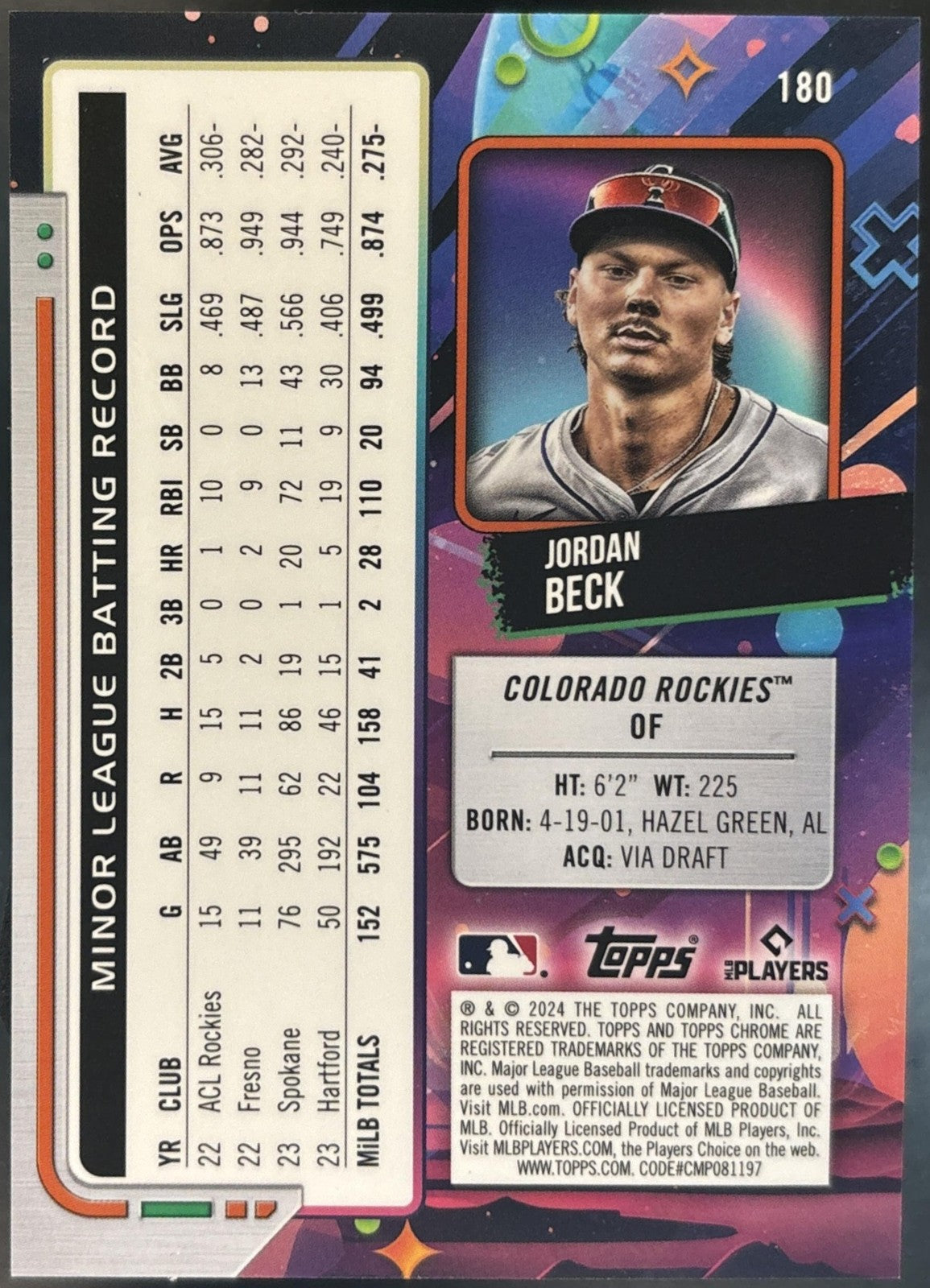 2024 Topps Cosmic Chrome Jordan Beck Lunar Eclipse /10 #180 RC Colorado Rockies