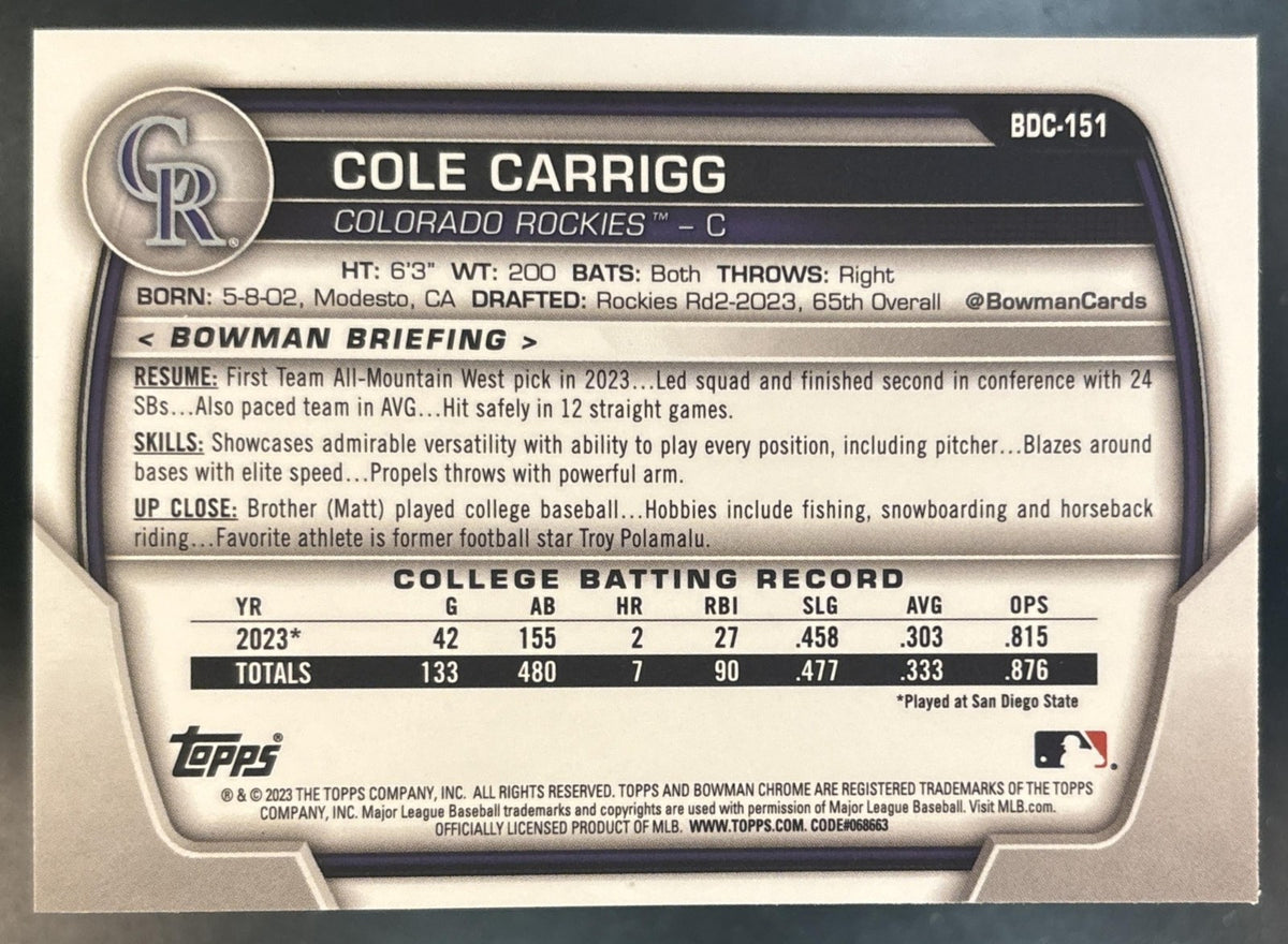 2023 Bowman Draft Sapphire Cole Carrigg Chrome #BDC-151 1st Prospect Rockies
