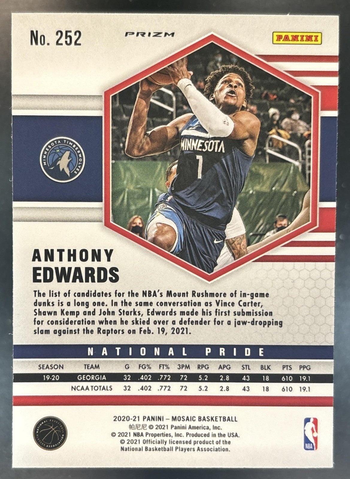 2020-21 Panini Mosaic Anthony Edwards Red Wave #252 National Pride RC