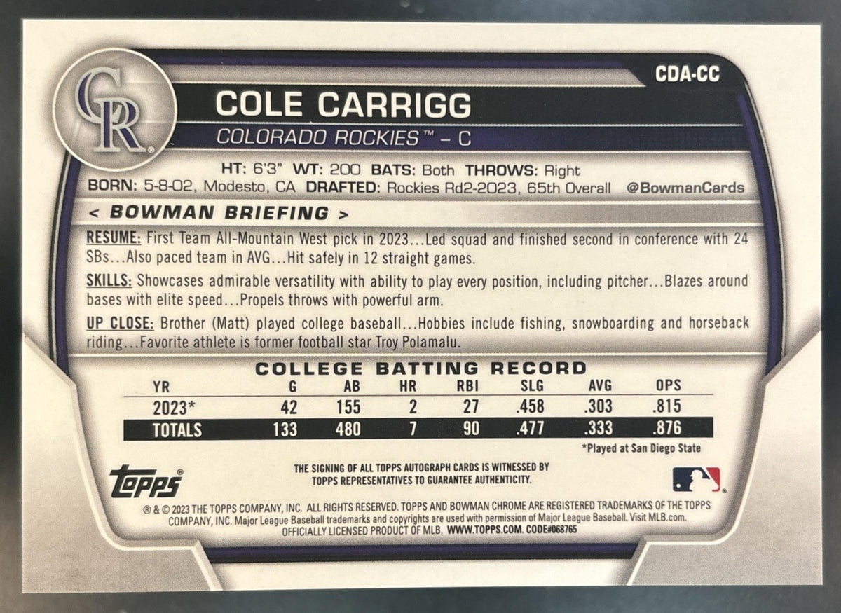 2023 Bowman Draft Cole Carrigg Chrome Auto #CDA-CC 1st Prospect Colorado Rockies