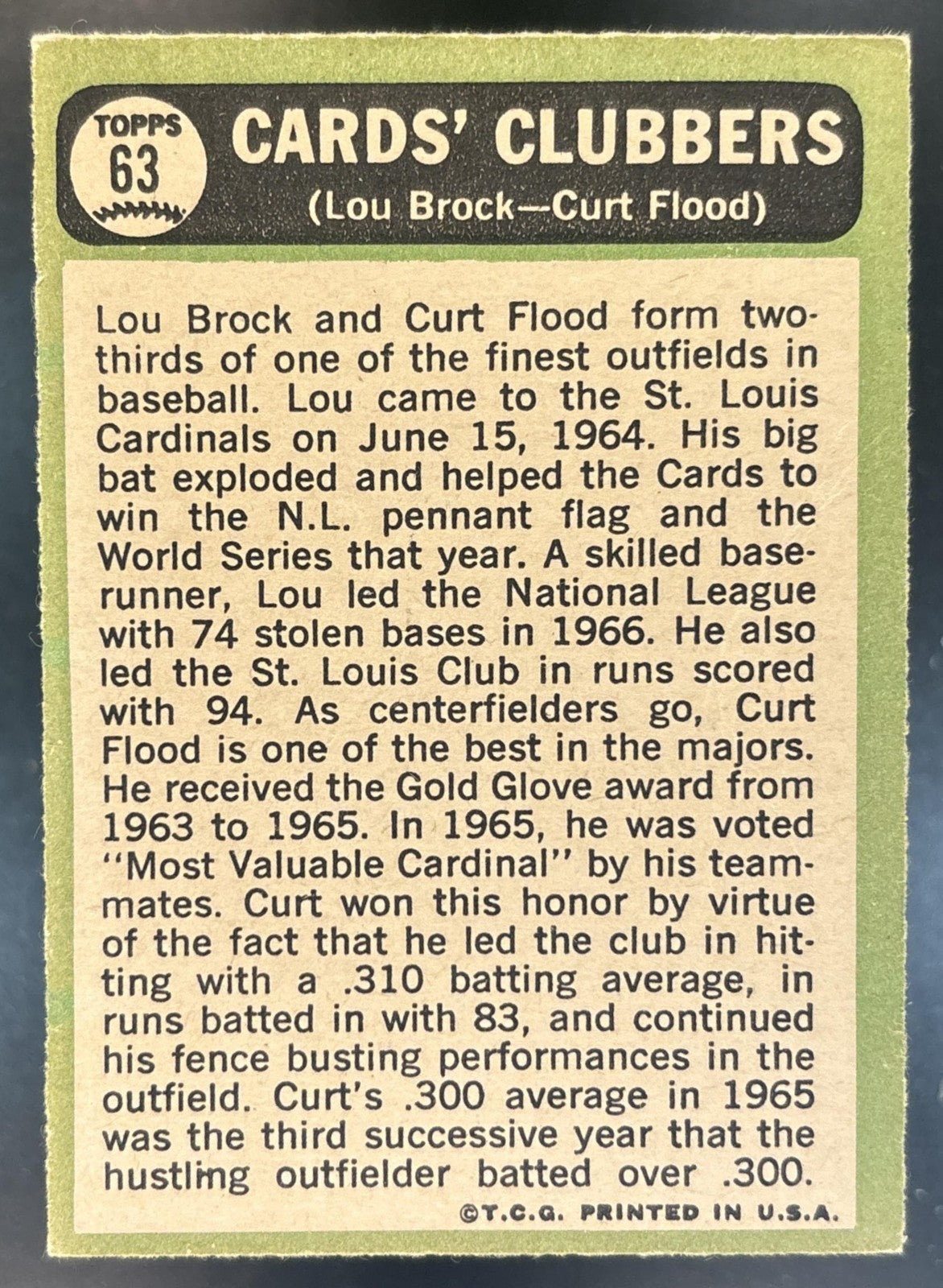 1967 Topps Cards Clubbers Lou Brock Curt Flood C #63 St. Louis Cardinals
