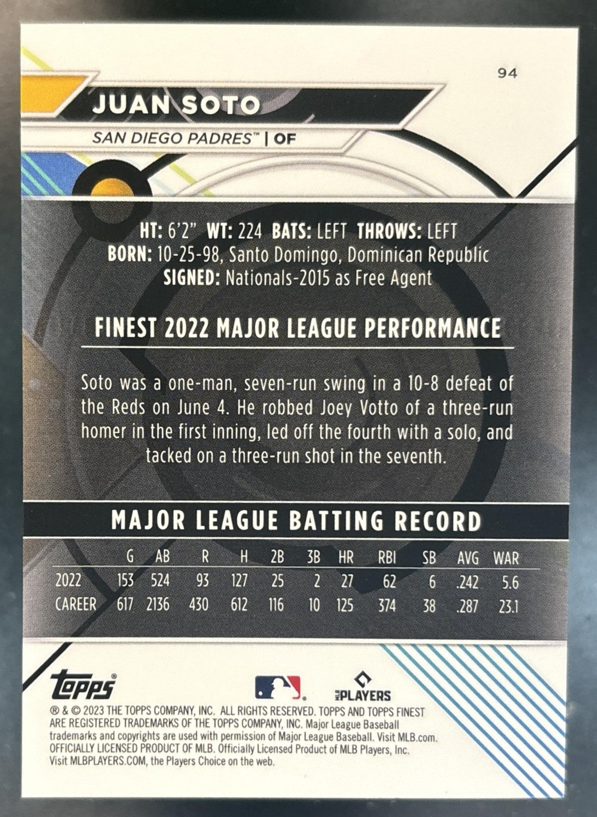 2023 Topps Finest Juan Soto Rose Gold Refractor /75 #94 San Diego Padres