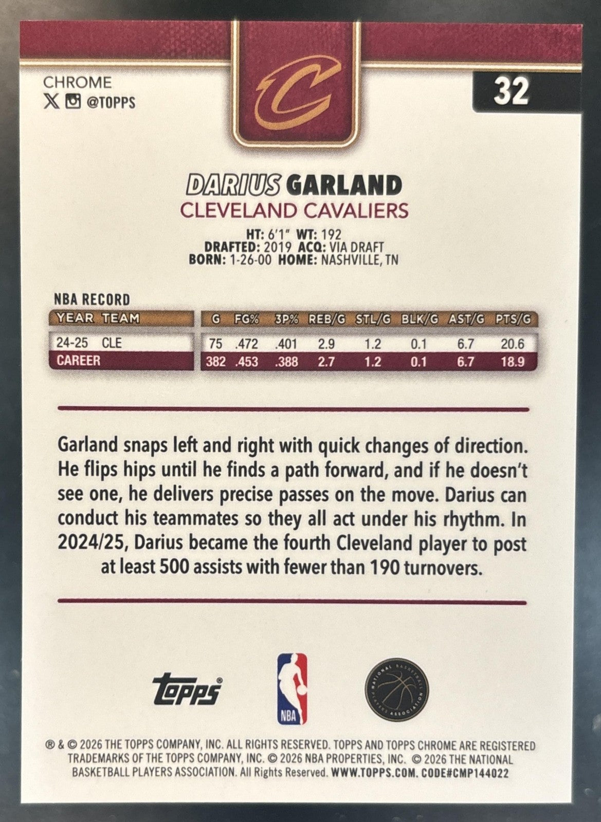 2025-26 Topps Chrome Update Darius Garland Gold /50 #32 Cleveland Cavaliers