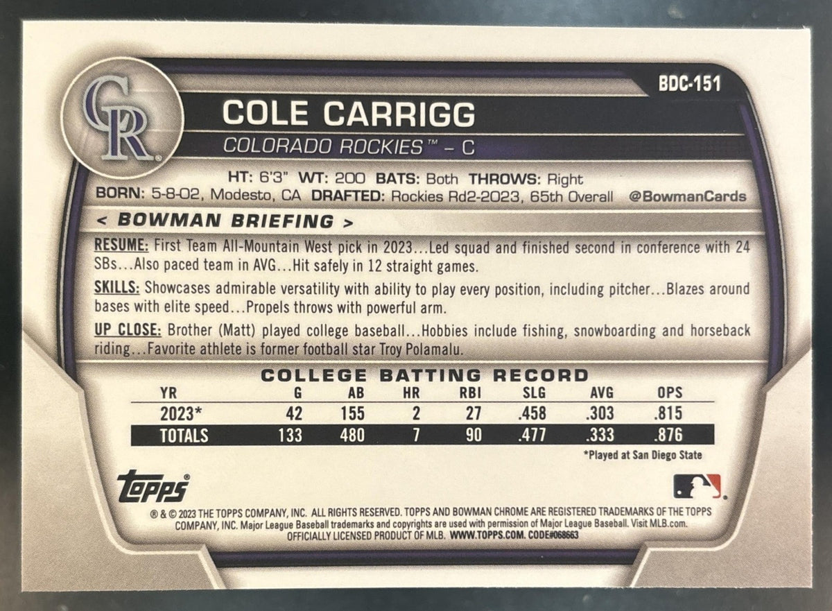 2023 Bowman Draft Sapphire Cole Carrigg Chrome #BDC-151 1st Prospect Colorado