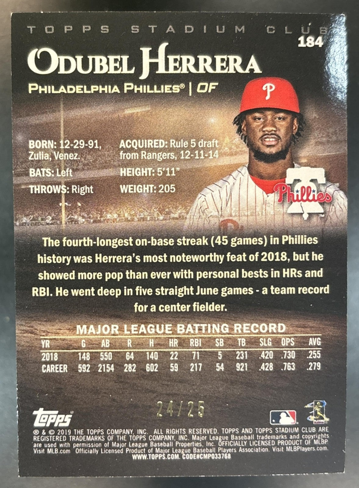 2019 Topps Stadium Club Odubel Herrera Rainbow Foilboard /25 #184 Phillies