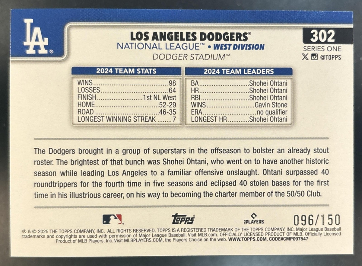 2025 Topps Los Angeles Dodgers Blue Holo Foil 96/150 #302