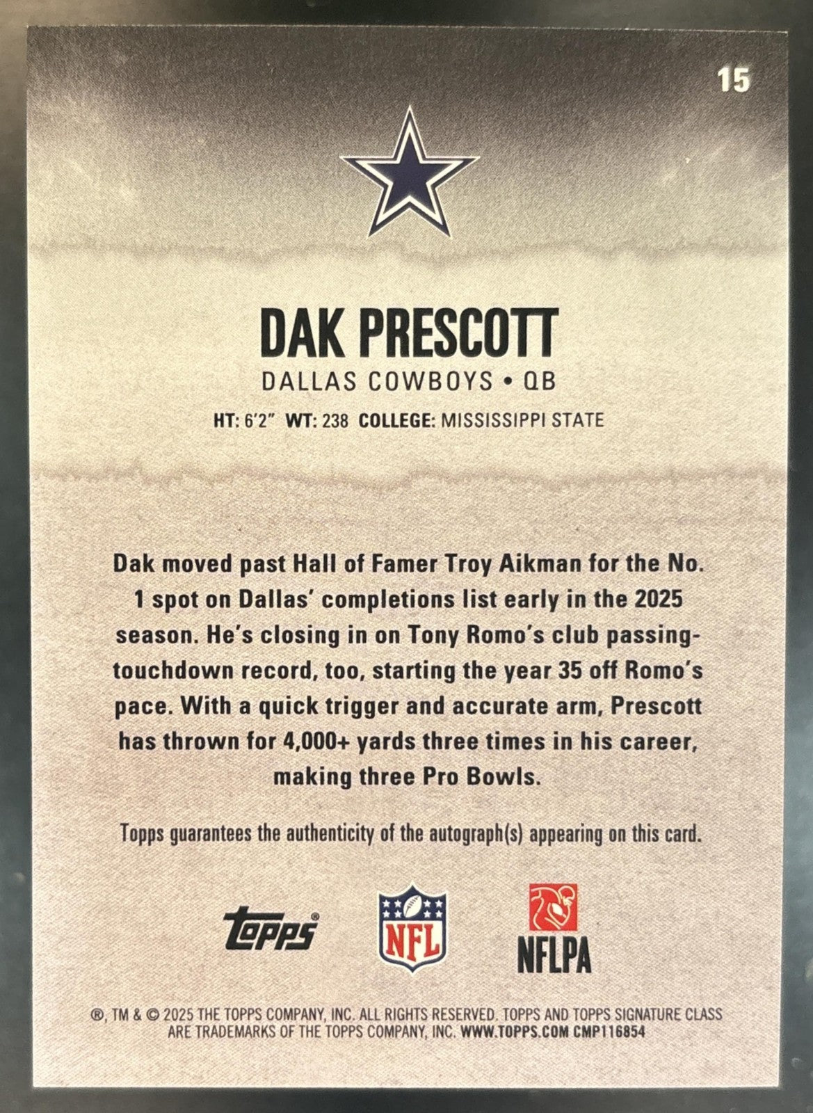 2025 Topps Signature Class Dak Prescott Veteran Auto Red /25 #15 Dallas Cowboys