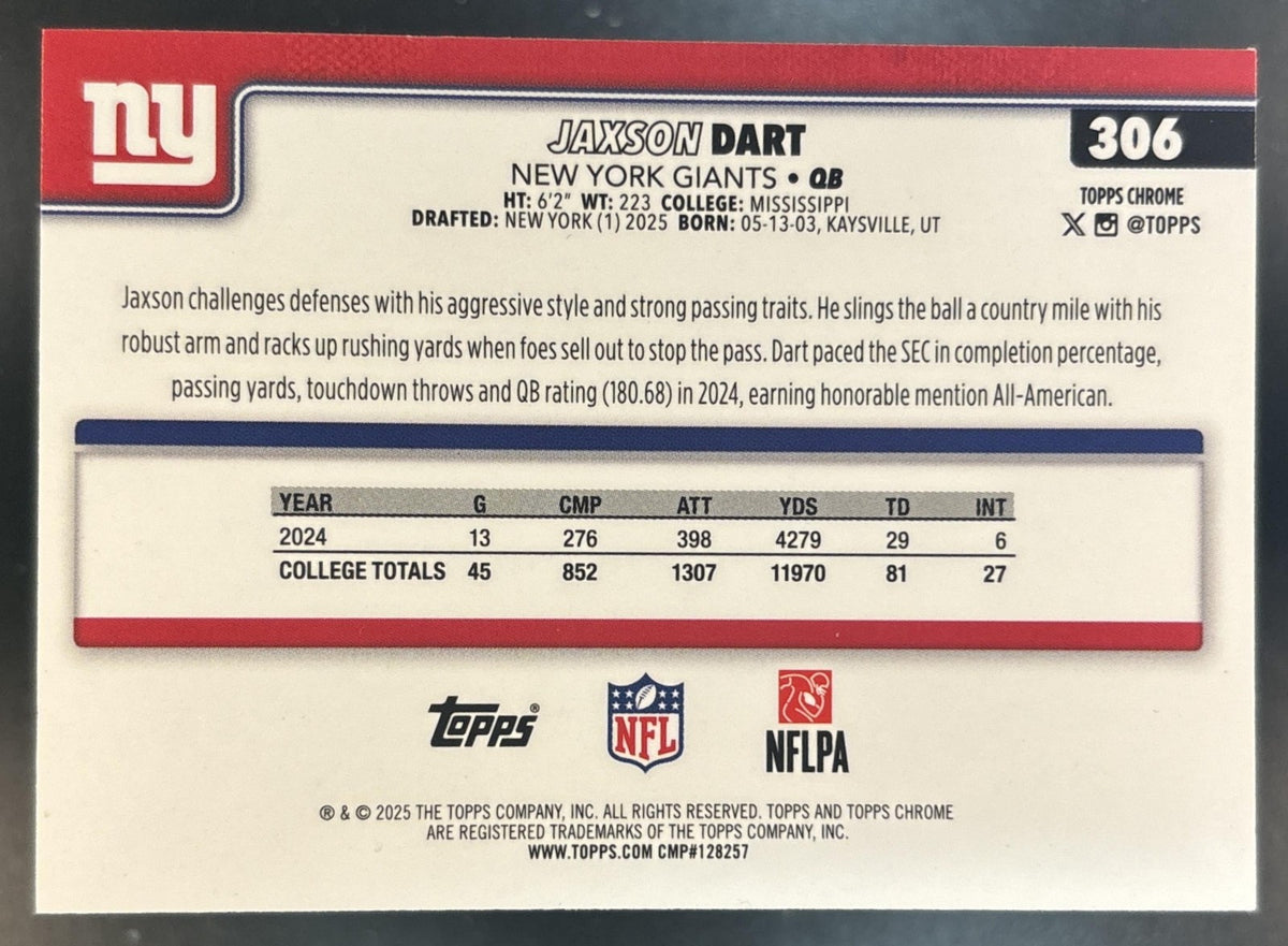 2025 Topps Chrome Jaxson Dart Rookie Teal Wave /299 #306 RC New York Giants