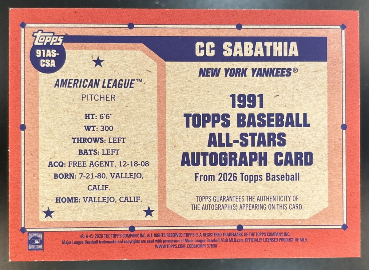 2026 Topps Series 2 CC Sabathia 1991 All-Star Auto #91AS-CSA New York Yankees