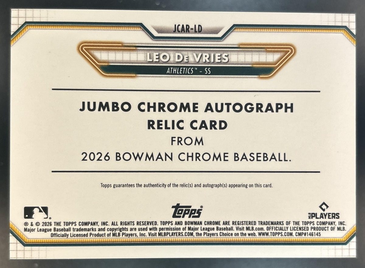2026 Bowman Chrome Leo De Vries Jumbo Auto Relic Gold /50 MEM SP Athletics