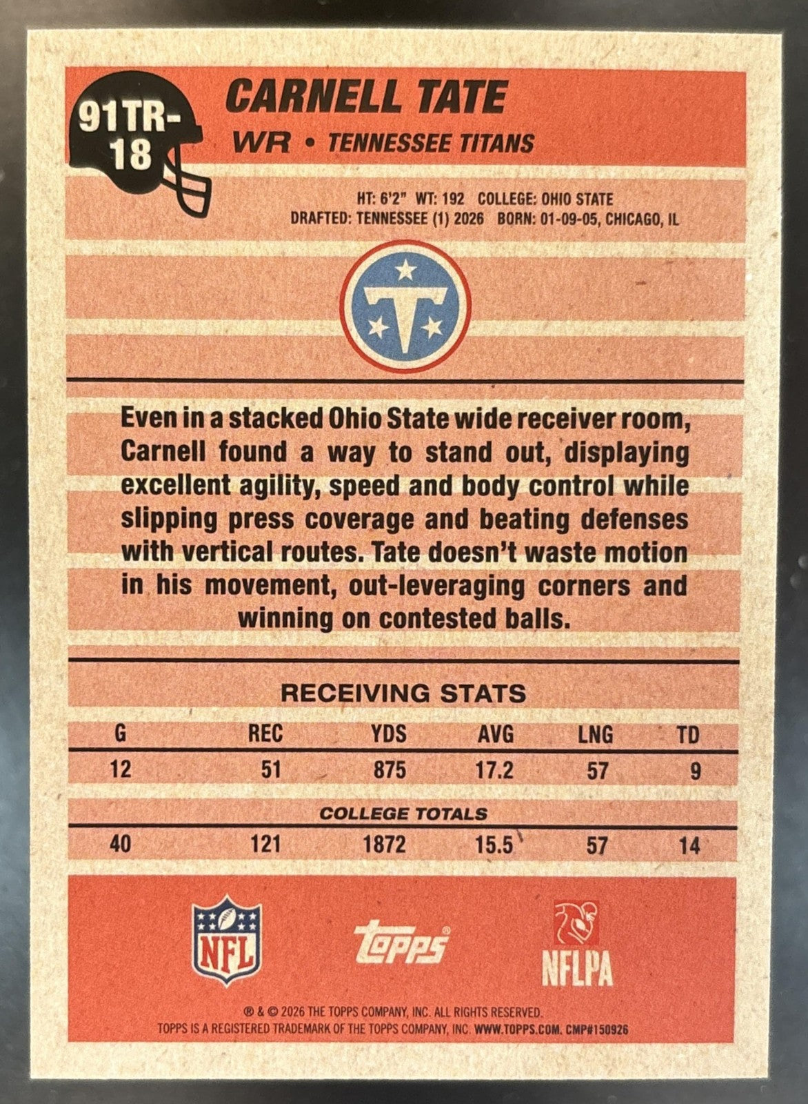 2026 Topps Carnell Tate 1991 Rookie Black /10 #91TR-18 RC Tennessee Titans