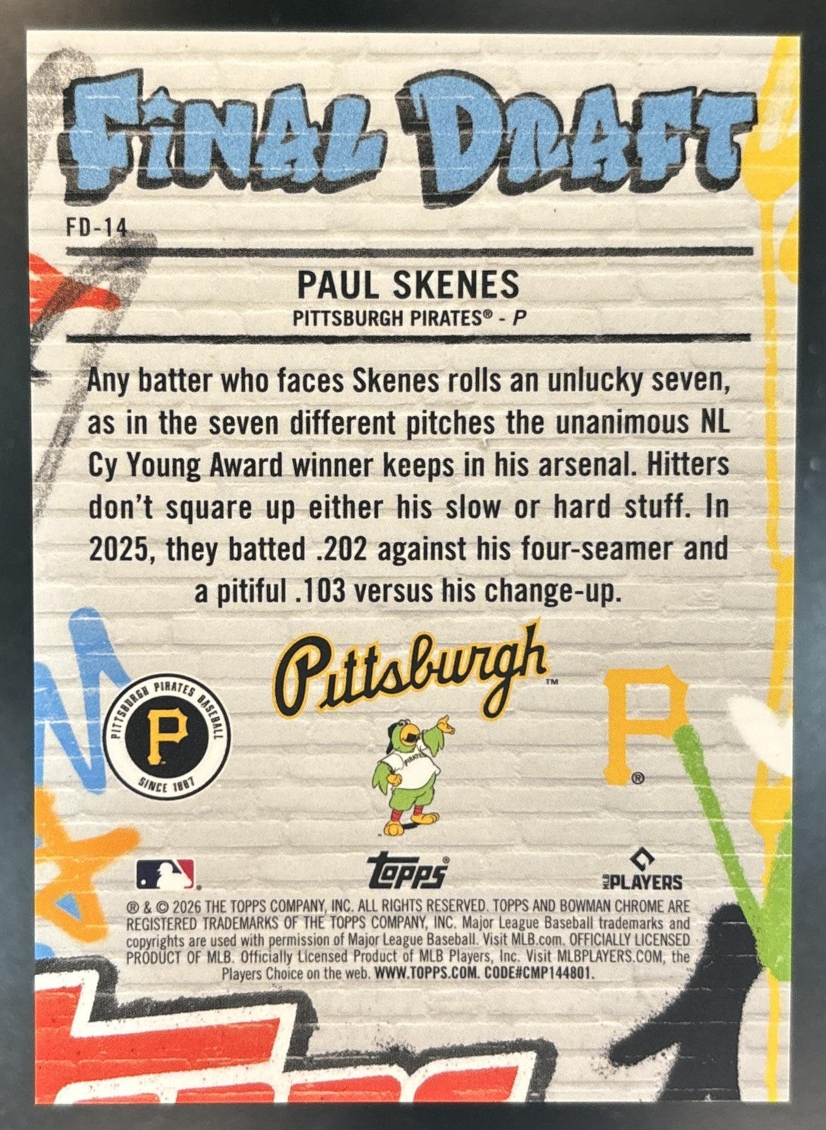 2026 Bowman Paul Skenes Final Draft Chrome #FD-14 SSP Pittsburgh Pirates