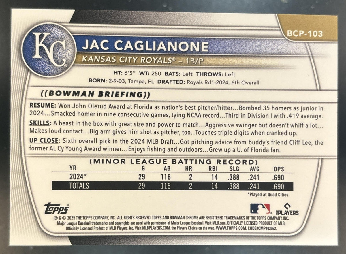 2025 Bowman Jac Caglianone Chrome Prospects Mega Box Gold /50 #BCP-103 Royals