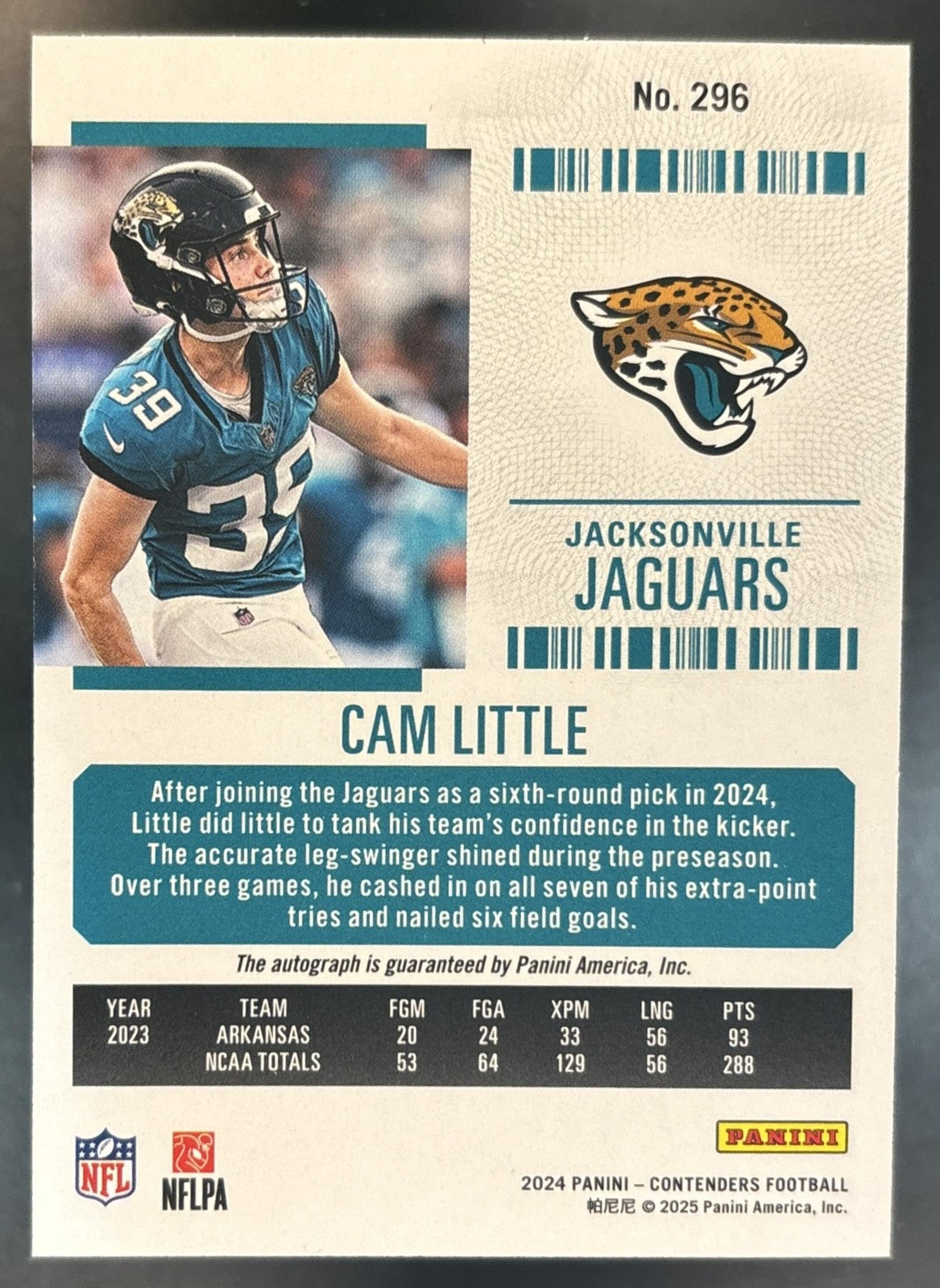2024 Panini Contenders Cam Little Rookie Ticket Auto #296 RC Jaguars