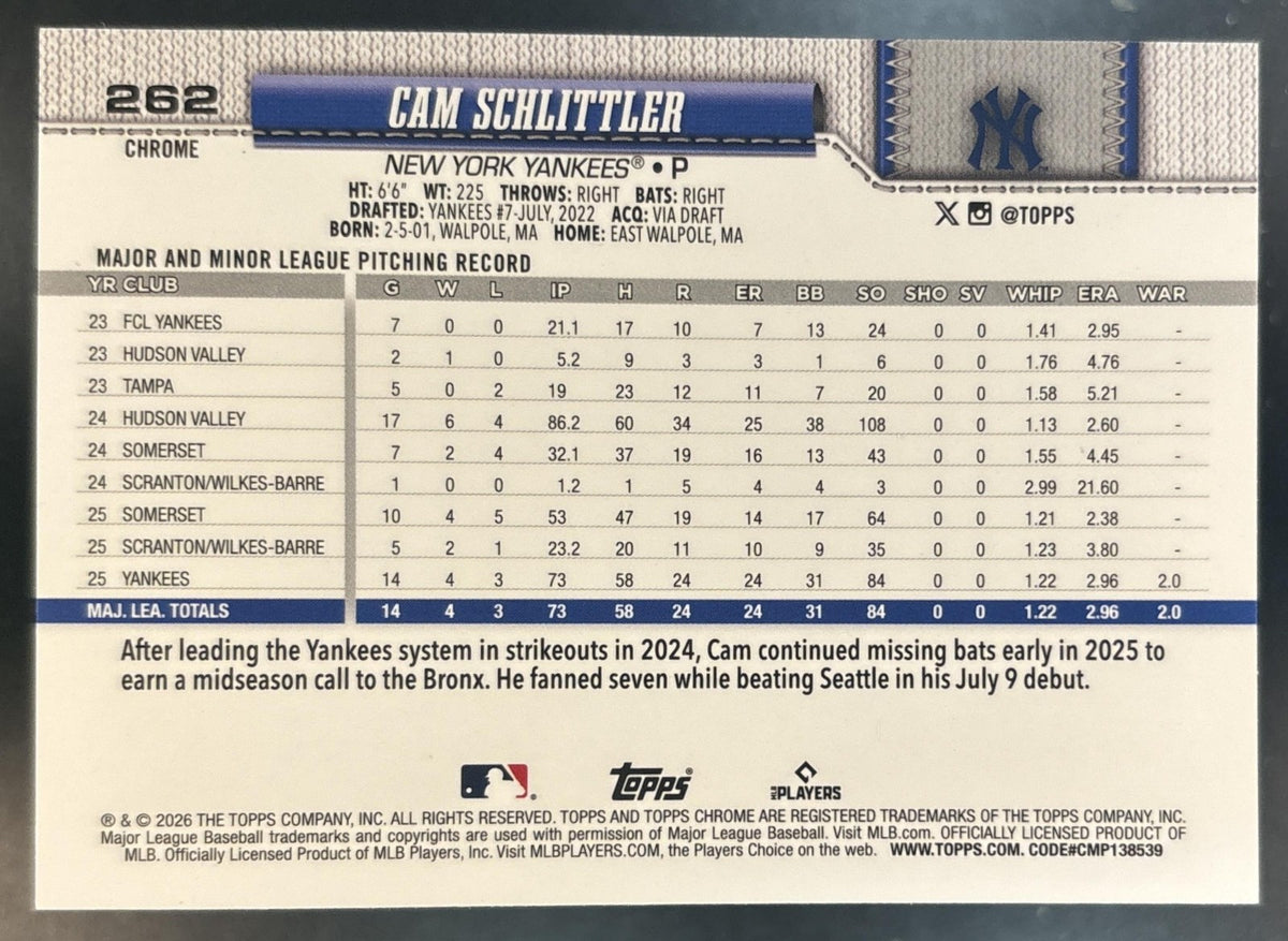 2026 Topps Chrome Cam Schlittler Blue X-Fractor /150 #262 RC New York Yankees