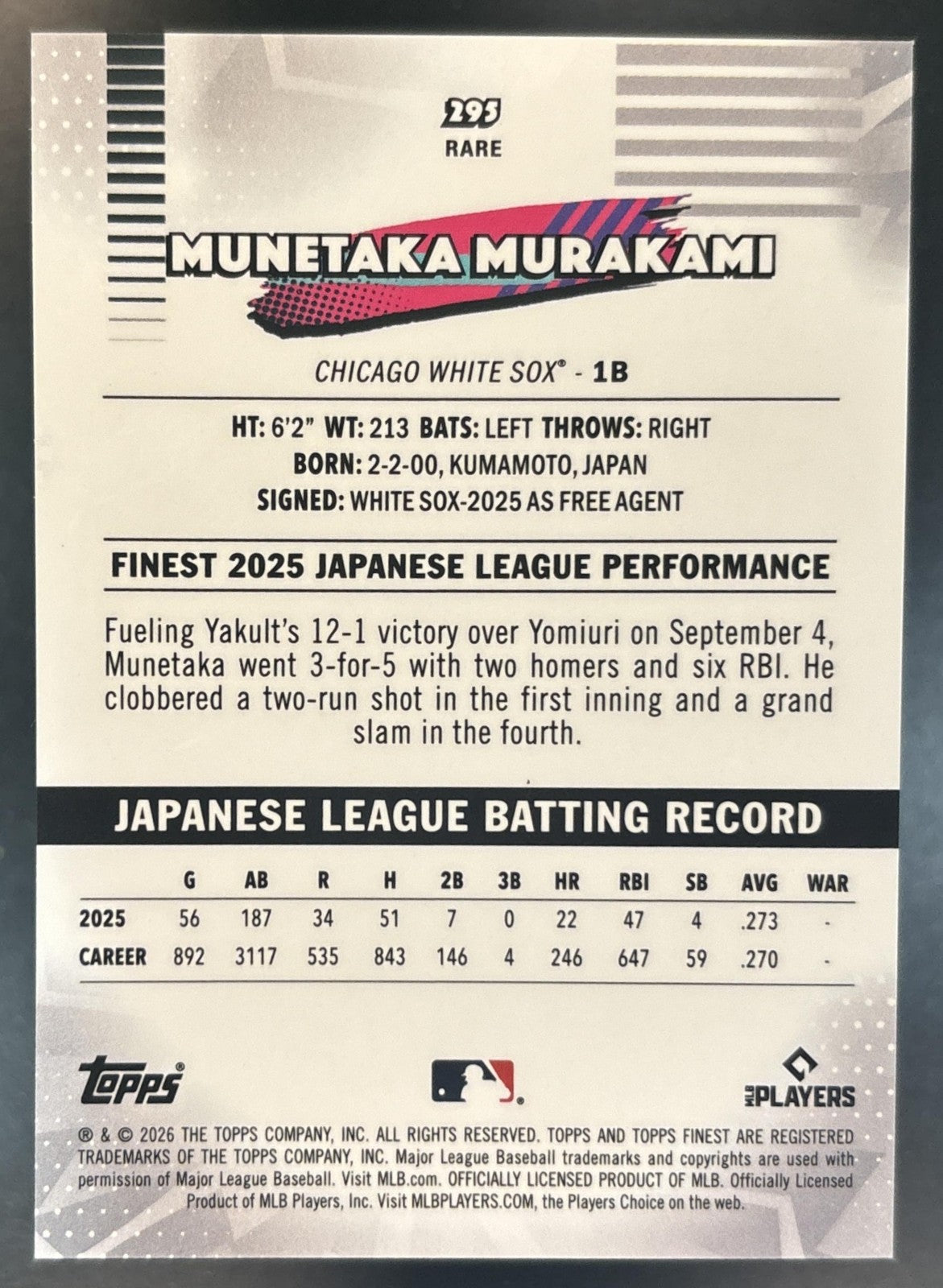 2026 Topps Finest Munetaka Murakami Gold Refractor /50 #295 RC Chicago White Sox
