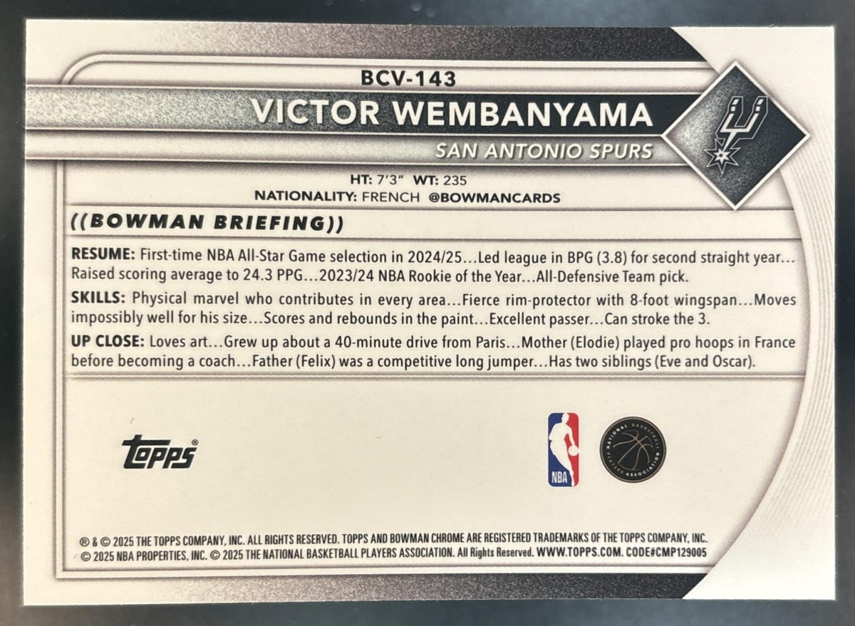 2025-26 Bowman Victor Wembanyama Chrome Green Refractor /99 #BCV-143 Spurs