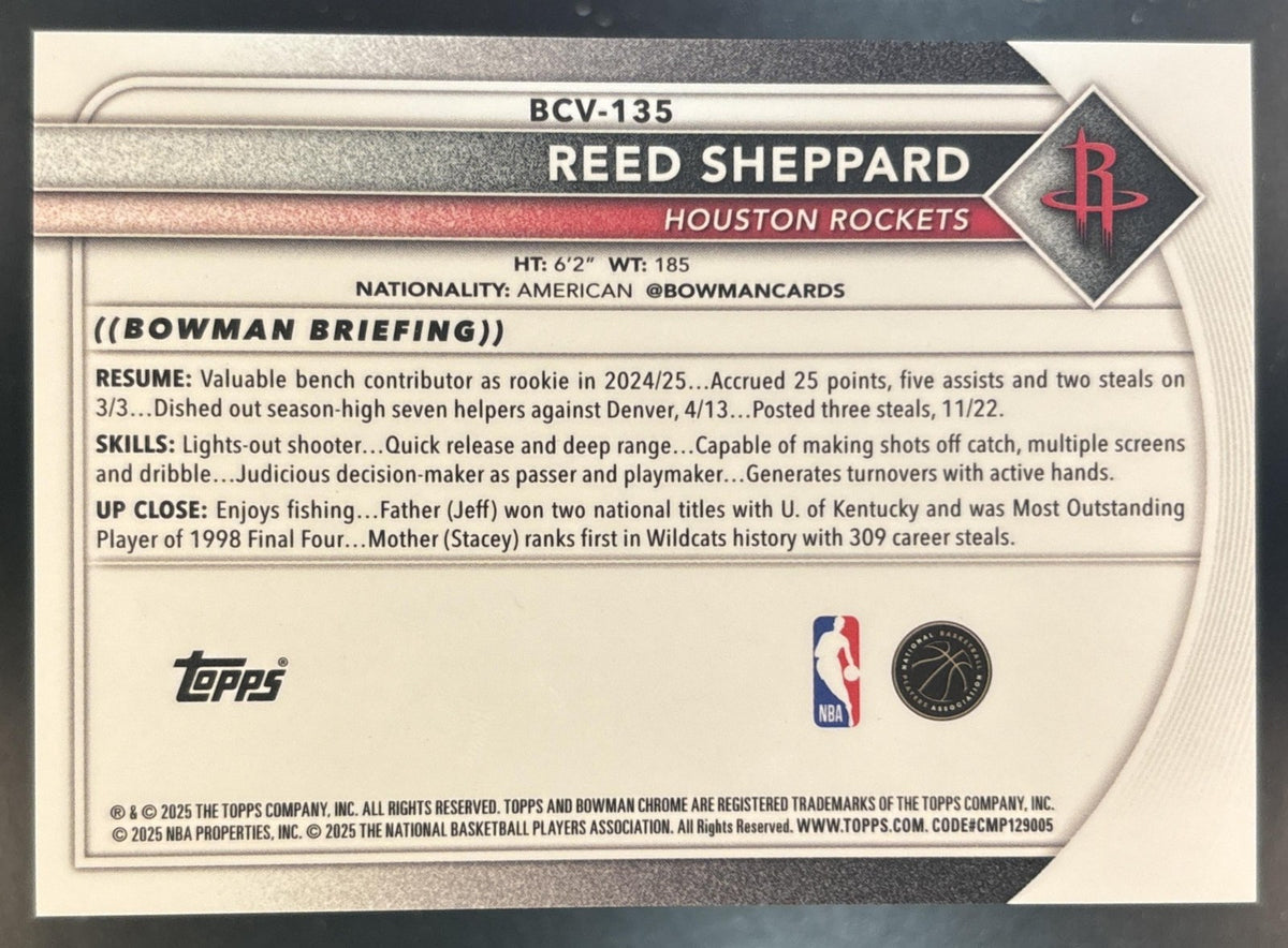 2025-26 Bowman Reed Sheppard Chrome Red Refractor /5 #BCV-135 Houston Rockets