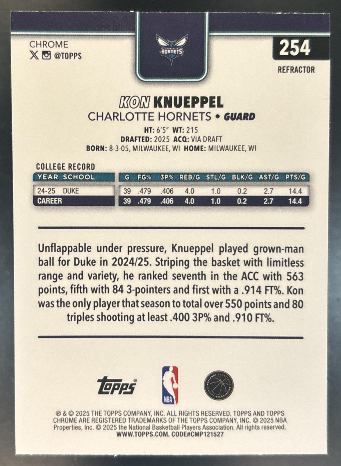 2025-26 Topps Chrome Kon Knueppel Refractor #254 RC Charlotte Hornets
