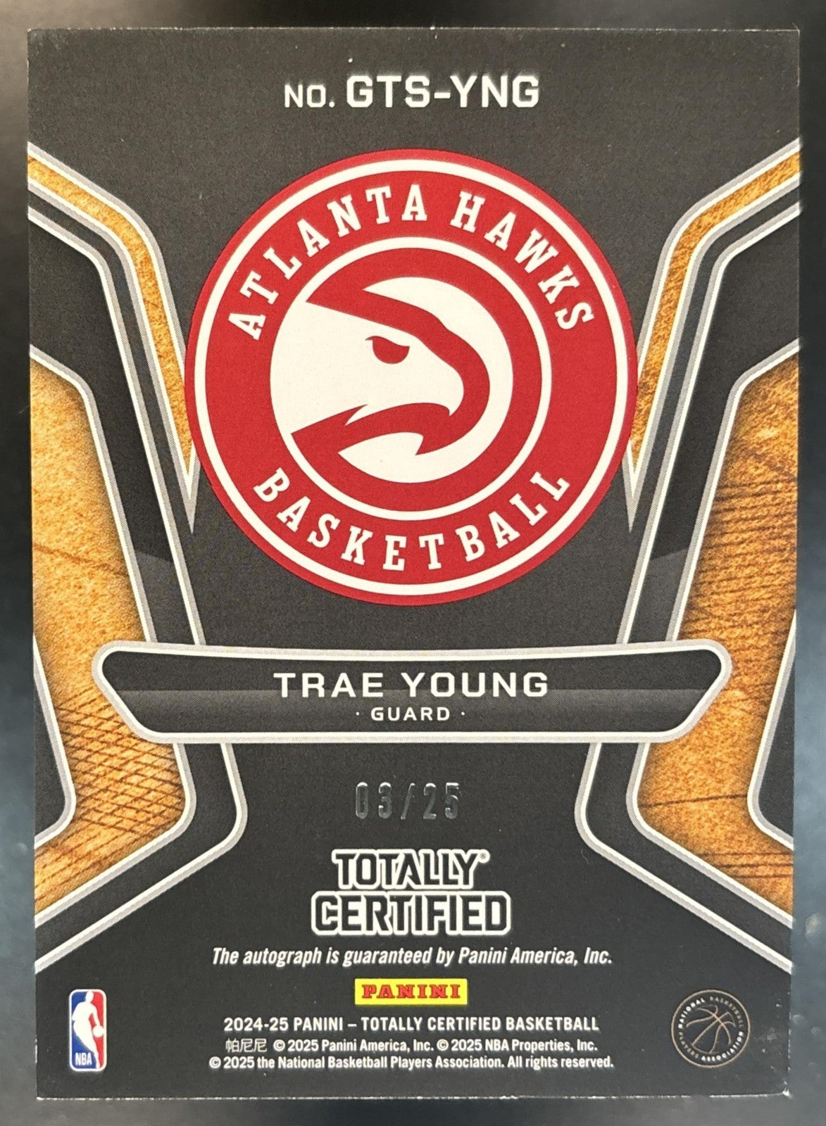 2024-25 Panini Totally Certified Trae Young Gold Team Signatures Camo /25 Auto