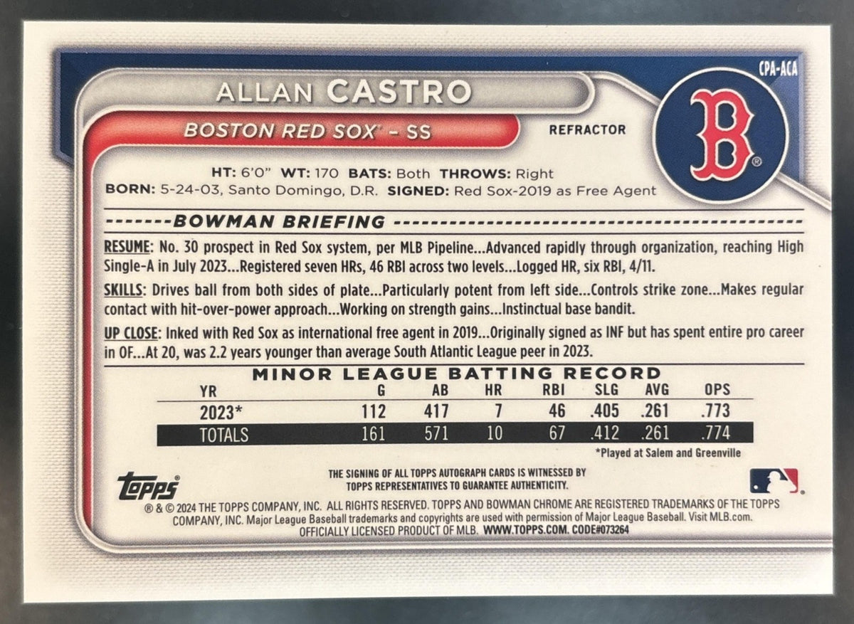 2024 Bowman Allan Castro Chrome Auto Refractor /499 1st Prospect Boston Red Sox