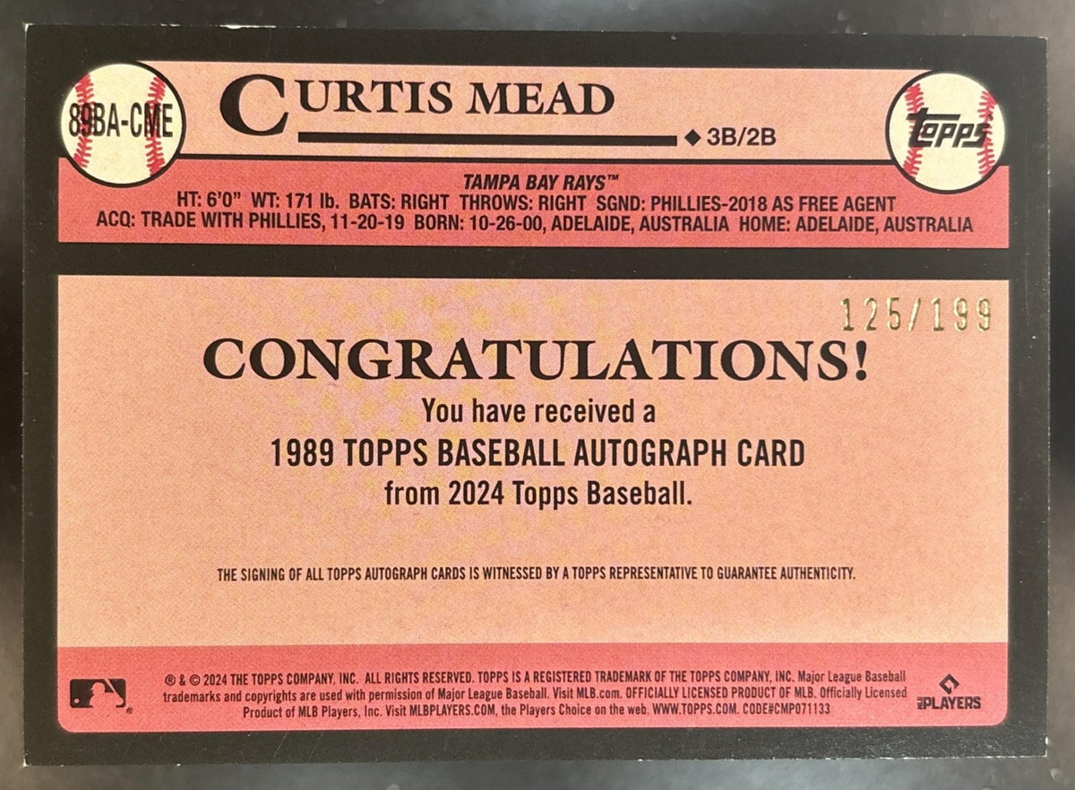2024 Topps Curtis Mead 1989 Baseball 35th Anniversary Auto Black /199 RC Rays