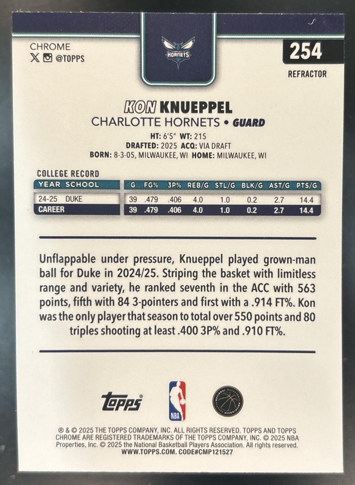 2025-26 Topps Chrome Kon Knueppel Refractor #254 RC Charlotte Hornets