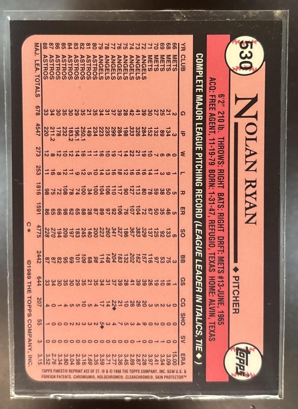 1999 Topps Nolan Ryan Commemorative Reprints Finest #22 Houston Astros
