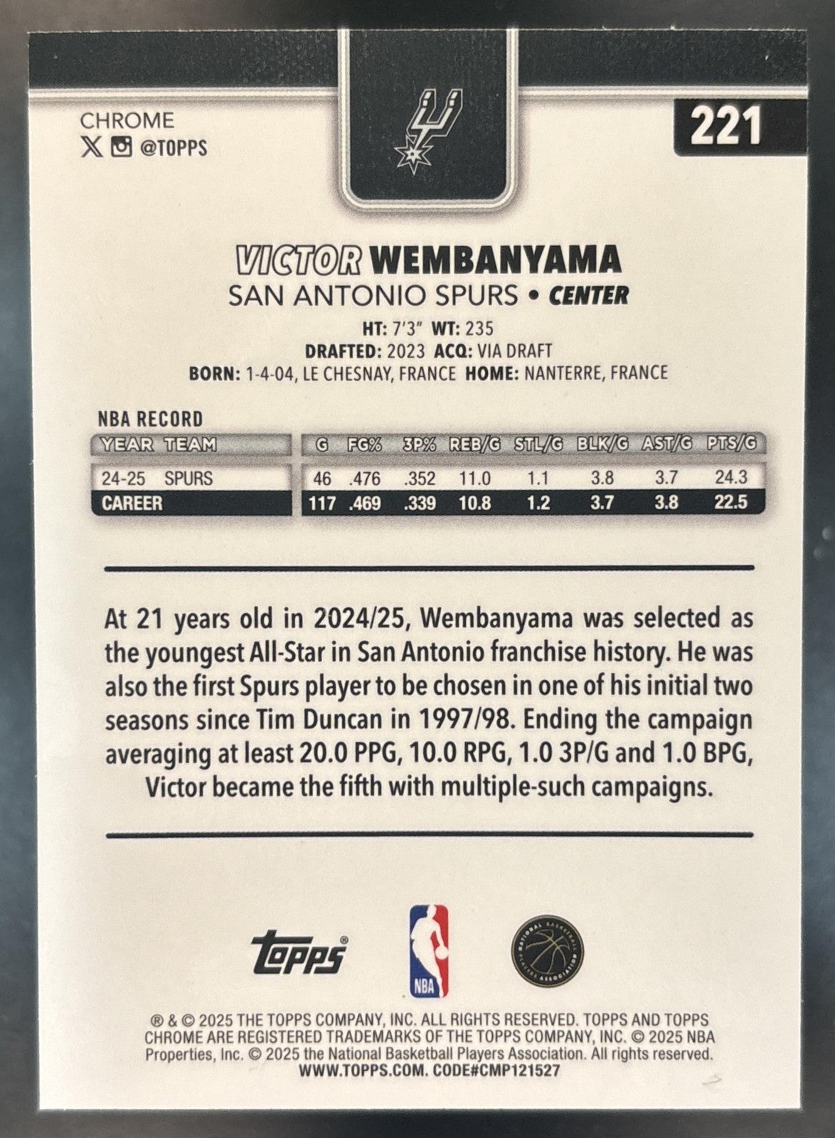 2025-26 Topps Chrome Victor Wembanyama RayWave Refractor #221 San Antonio Spurs