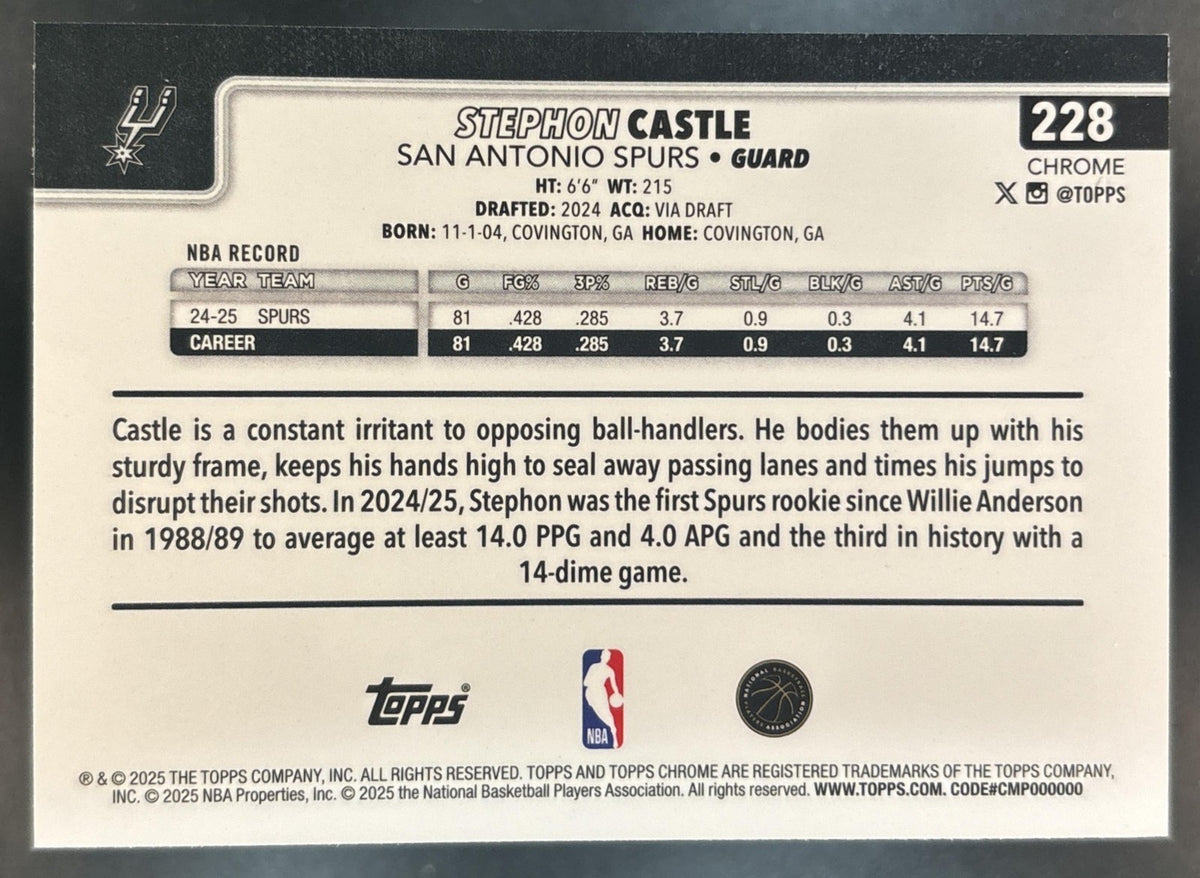 2025-26 Topps Chrome Stephon Castle Skylight Refractor #228 San Antonio Spurs