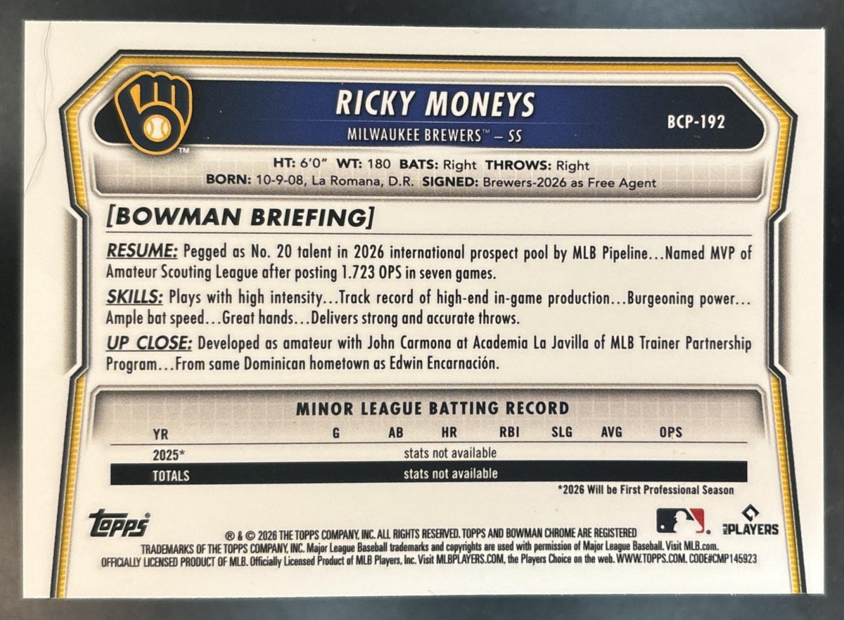 2026 Bowman Chrome Ricky Moneys Green /99 #BCP-192 1st Prospect Brewers