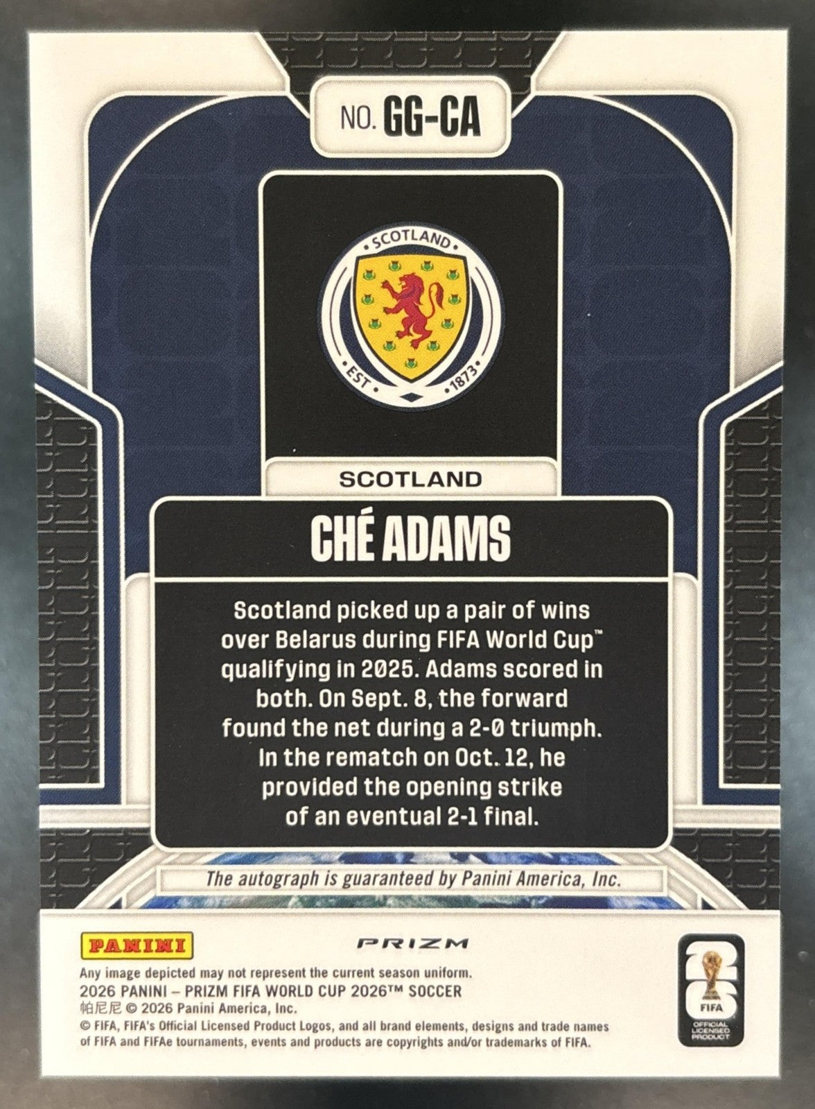 2026 Panini Prizm World Cup Che Adams Global Graphs Wave #GG-CA Auto Scotland