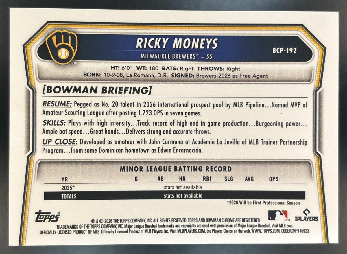 2026 Bowman Chrome Ricky Moneys Reptilian Blue /150 1st Prospect Brewers