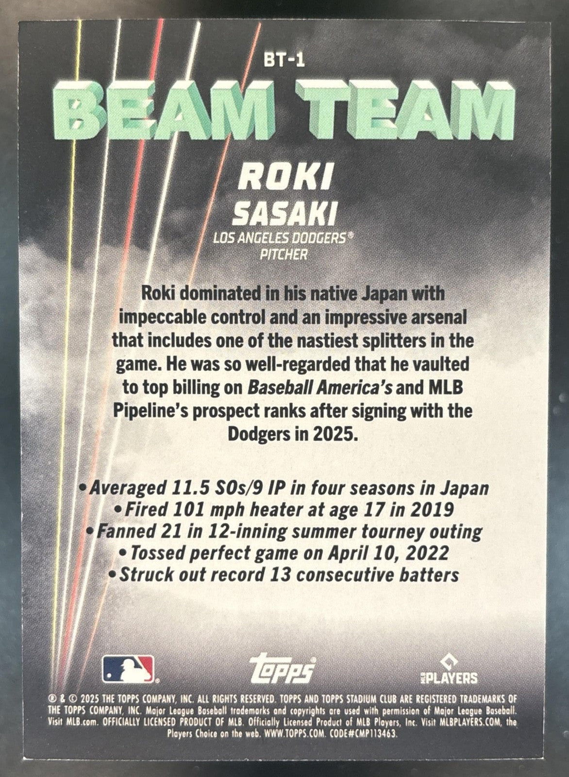 2025 Topps Stadium Club Roki Sasaki Beam Team #BT-1 RC Los Angeles Dodgers