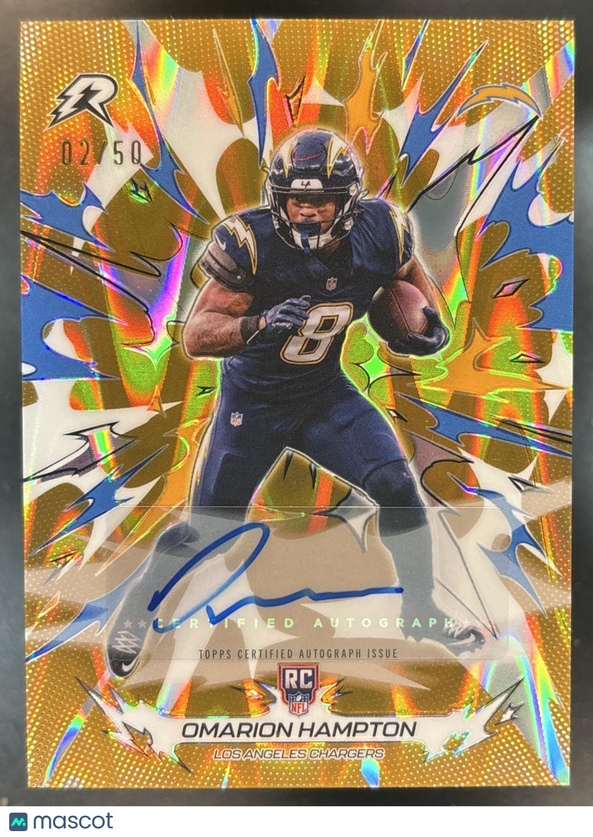 2025 Topps Resurgence Omarion Hampton Gold Power Surge AUTO /50 #150 RC Chargers