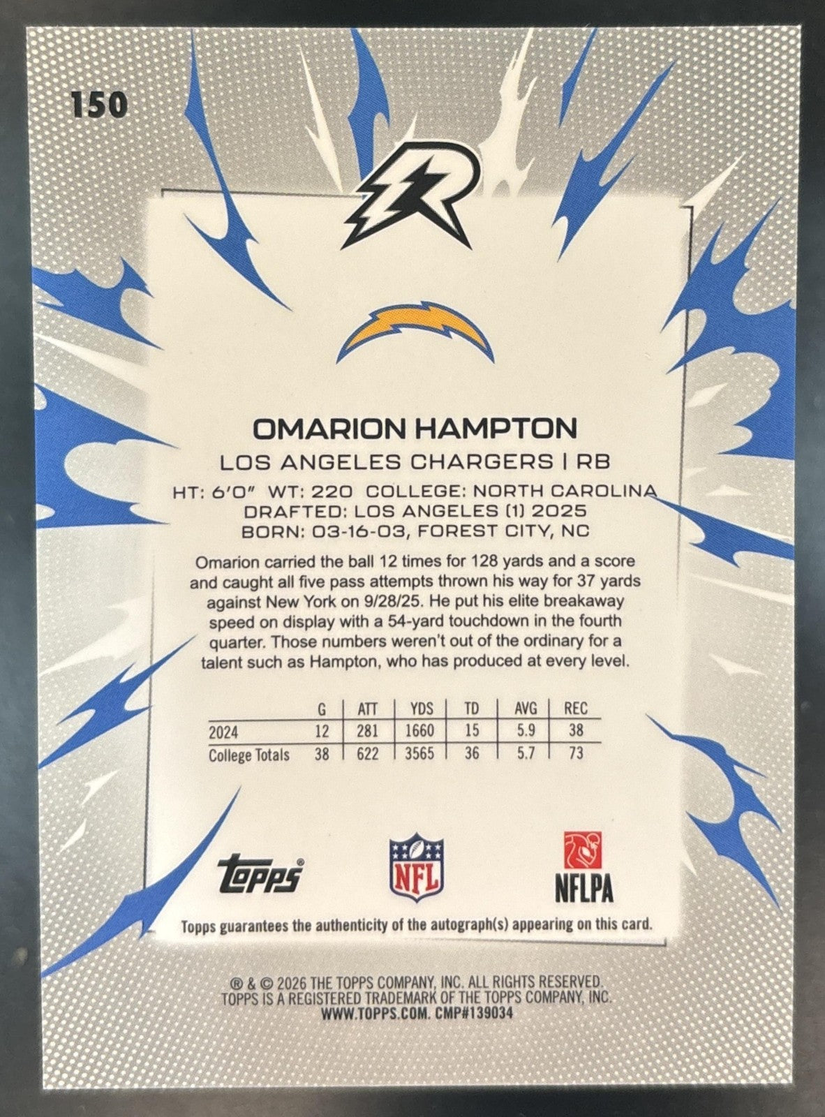 2025 Topps Resurgence Omarion Hampton Gold Power Surge AUTO /50 #150 RC Chargers