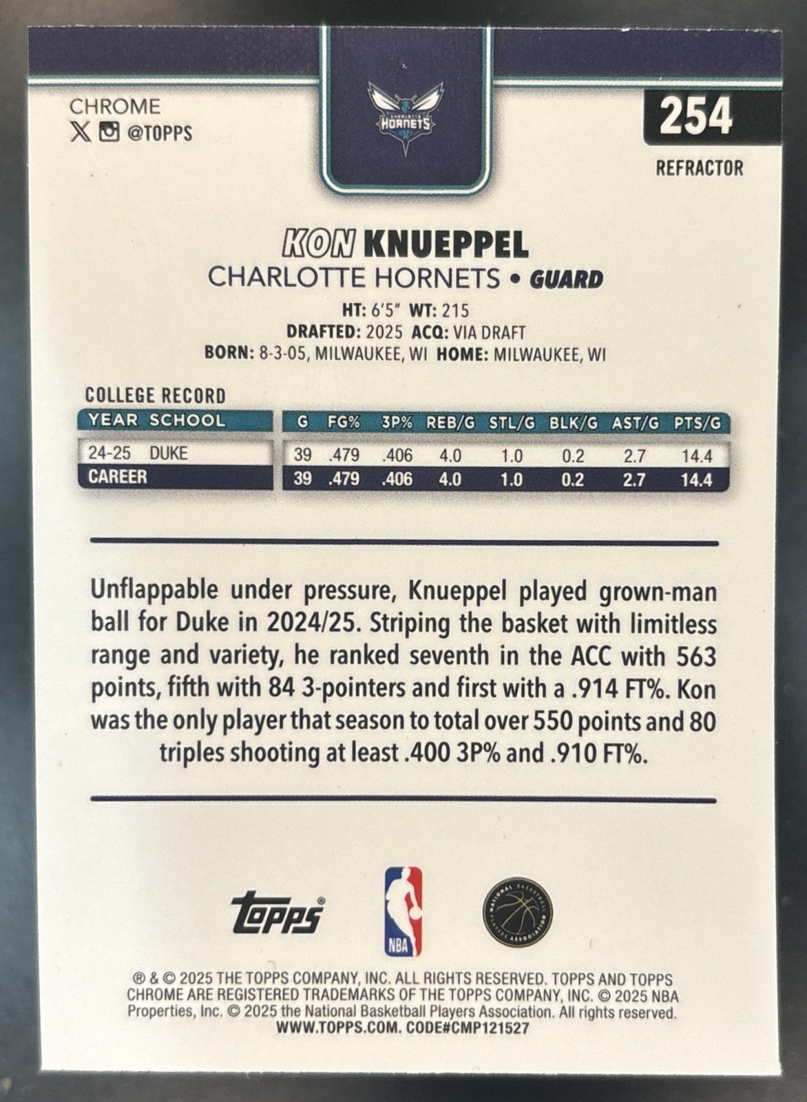 2025-26 Topps Chrome Kon Knueppel Refractor #254 RC Hornets